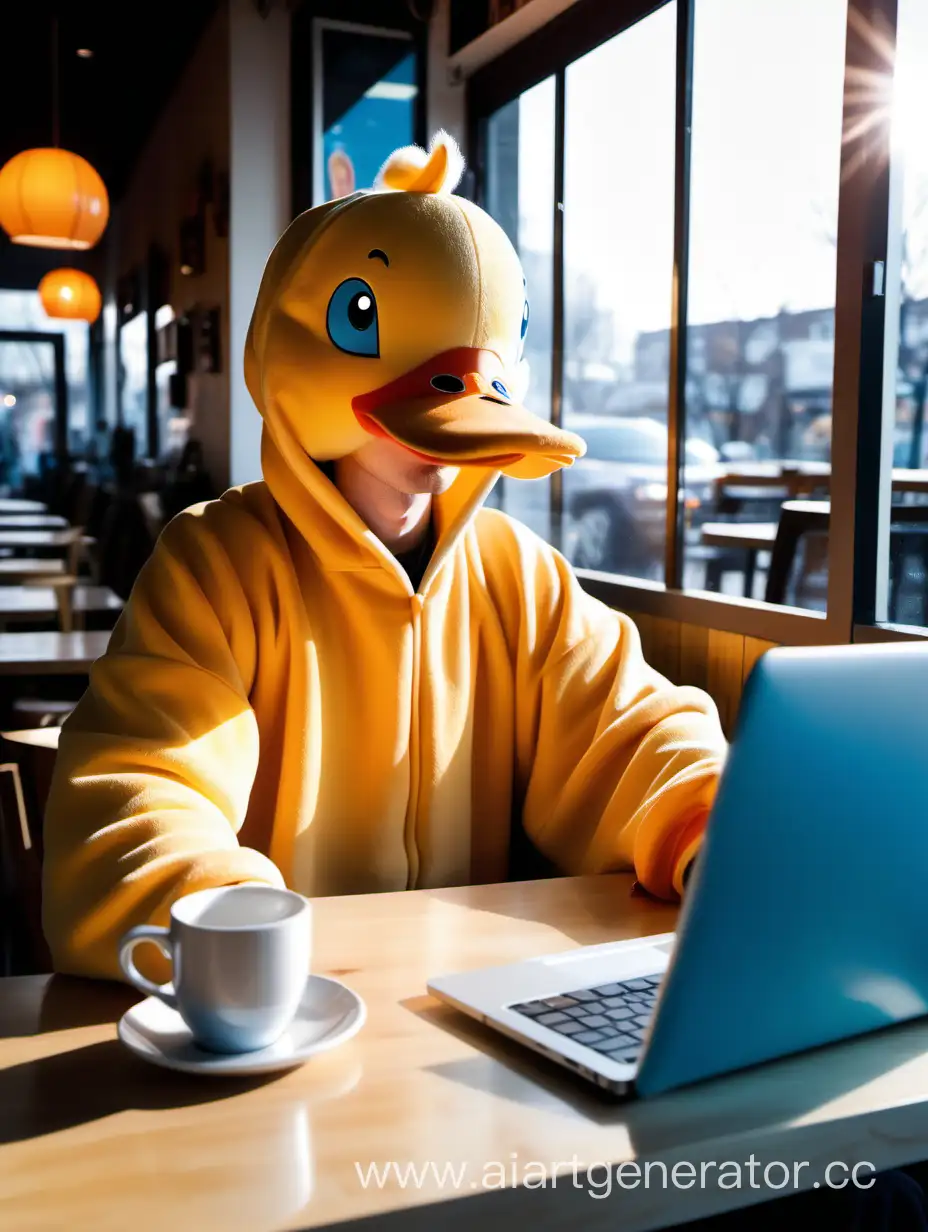 Young-Programmer-in-Duck-Kigurumi-Coding-at-Sunrise-Cafe