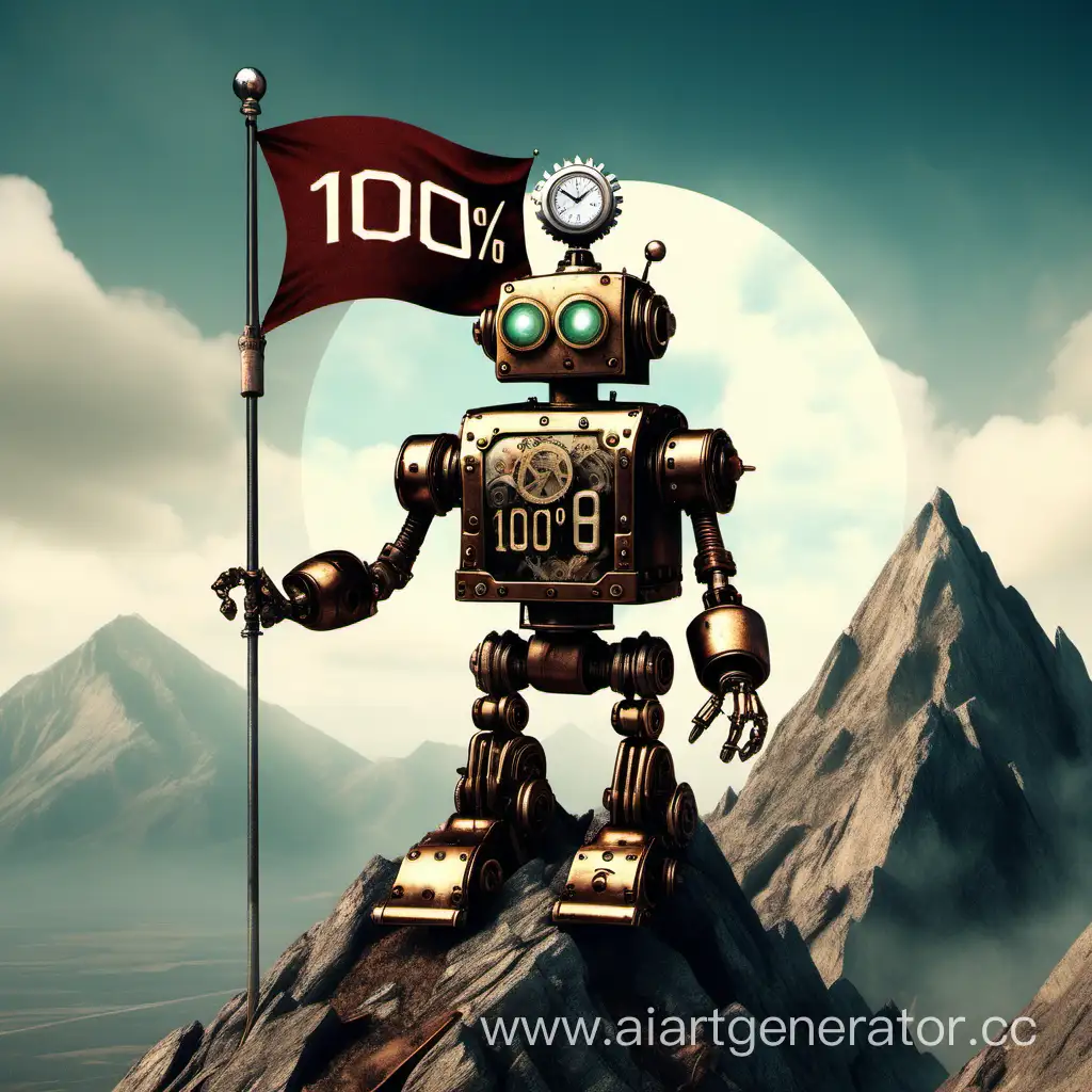 стимпанк робот на вершине горы с флагом на котором написано 100%