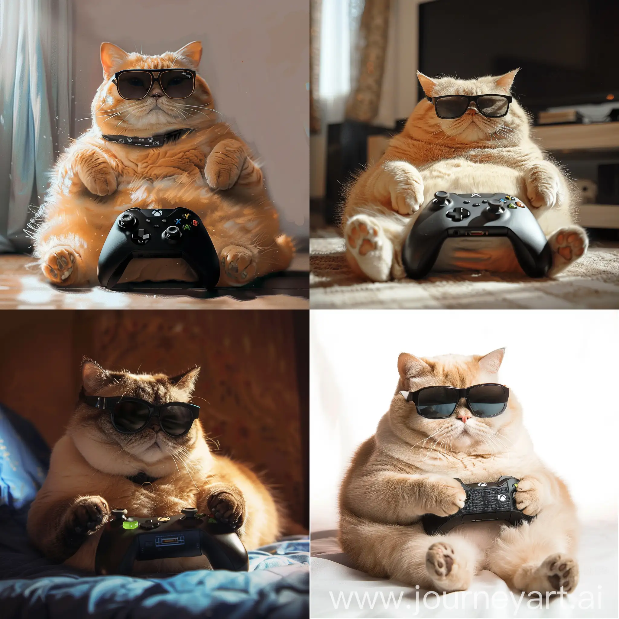 Fat cat wearing sunglasses playing an xbox