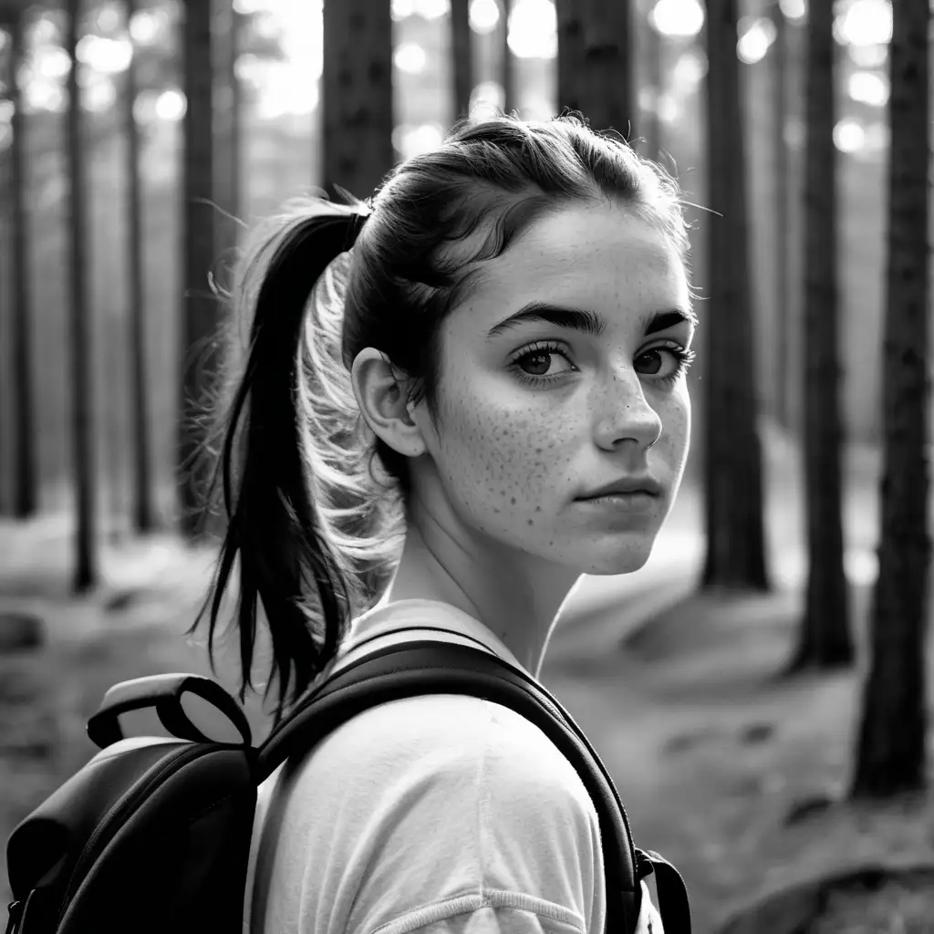 black and white, photo, 35mm, dof, natural, 26 year old woman wearing a backpack, no makeup and freckles, dark hair in a pony tail with forest in the back ground, seductive face,