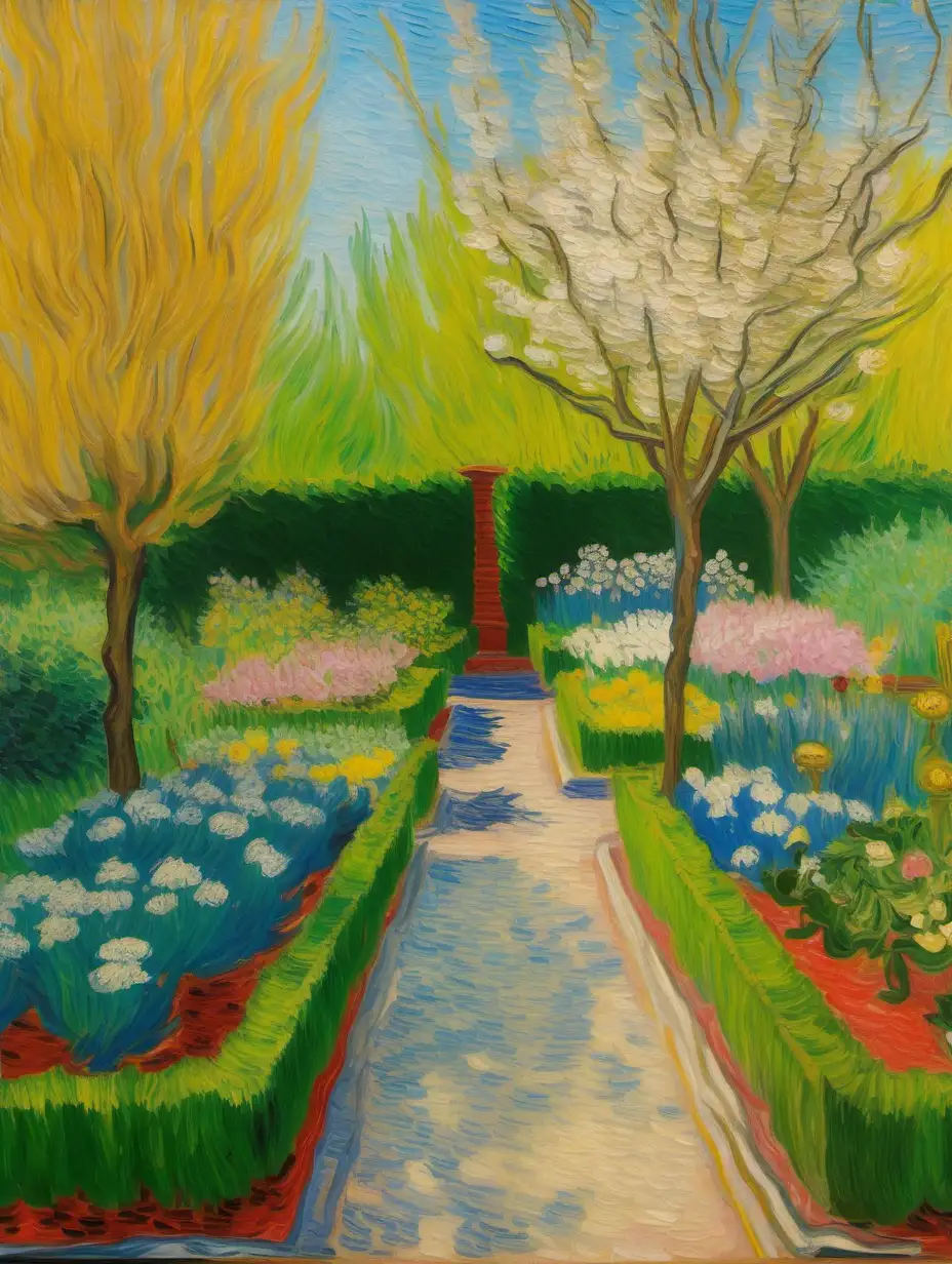 oil painting, Van Gogh, 19th century European garden, spring, depth of field, fine details, 2 dimensional, --ar 3:4 --s 100 --q 2