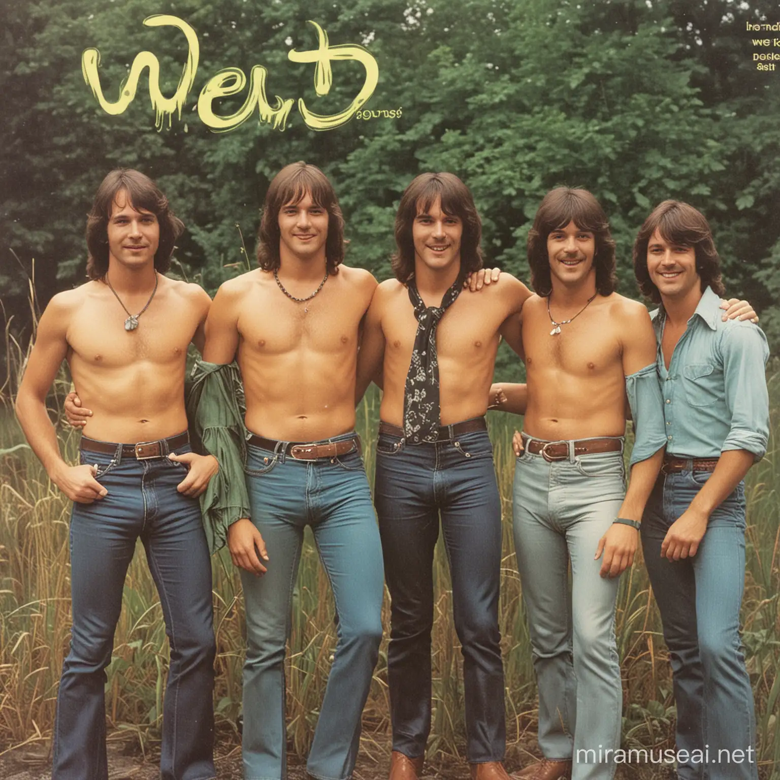 a 70s style album cover for the band WET! with four guys on the cover