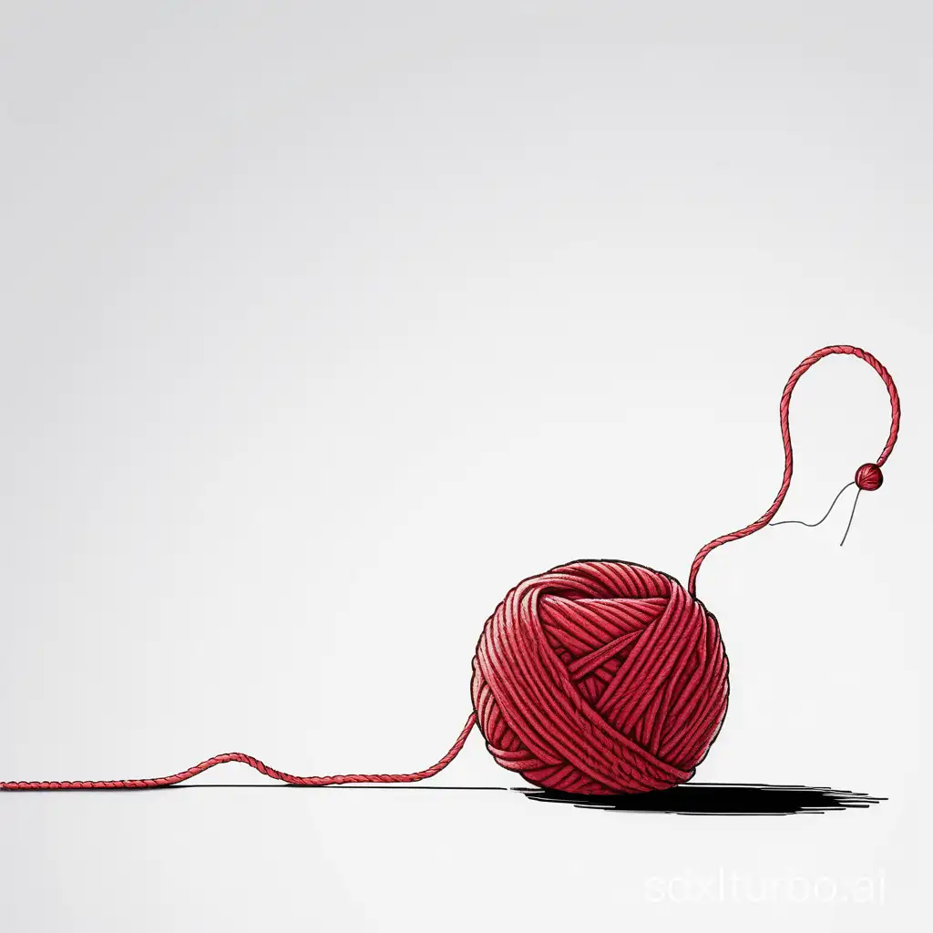 white background, a red wool thread running along the edge and ending on the bottom right corner with a ball of yarn. Comic style drawing