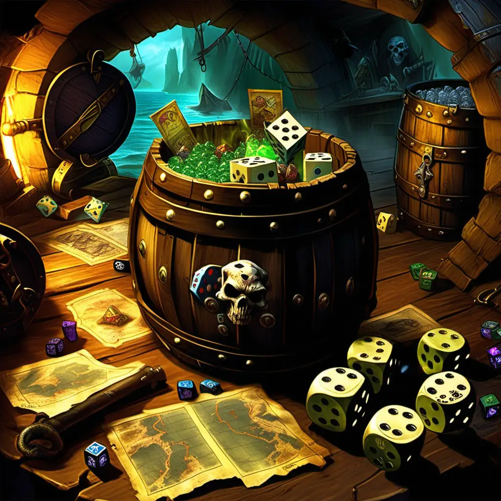 daggers stuck in barrel, rolling dice over barrel with map, doubloons, dice game in deadmines, world of warcraft tcg art, pair of dice snake eyes, van cleef, captains quarters