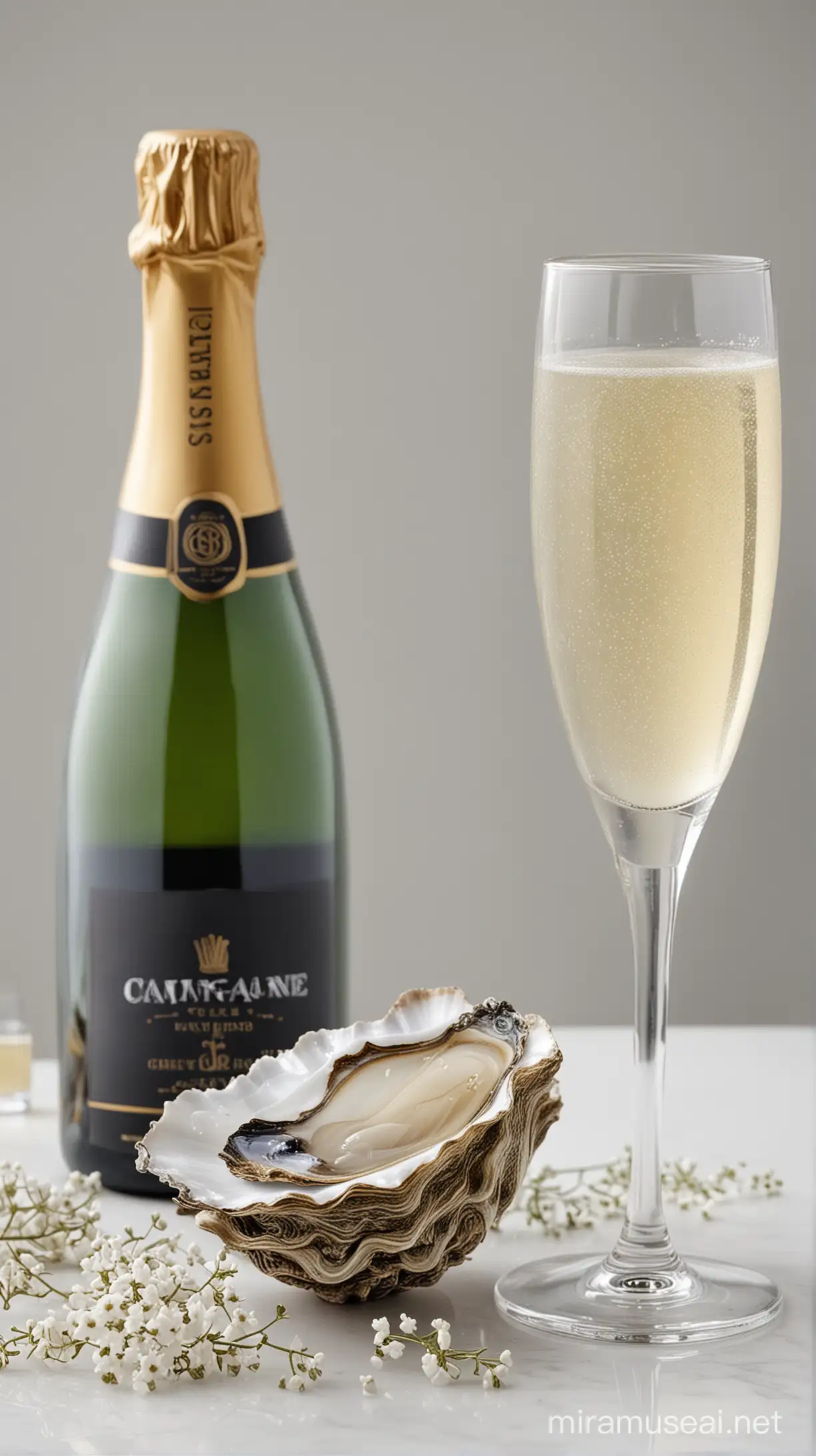 Display an oyster and add some baby's breath to this image and a glass of champagne with a white background
