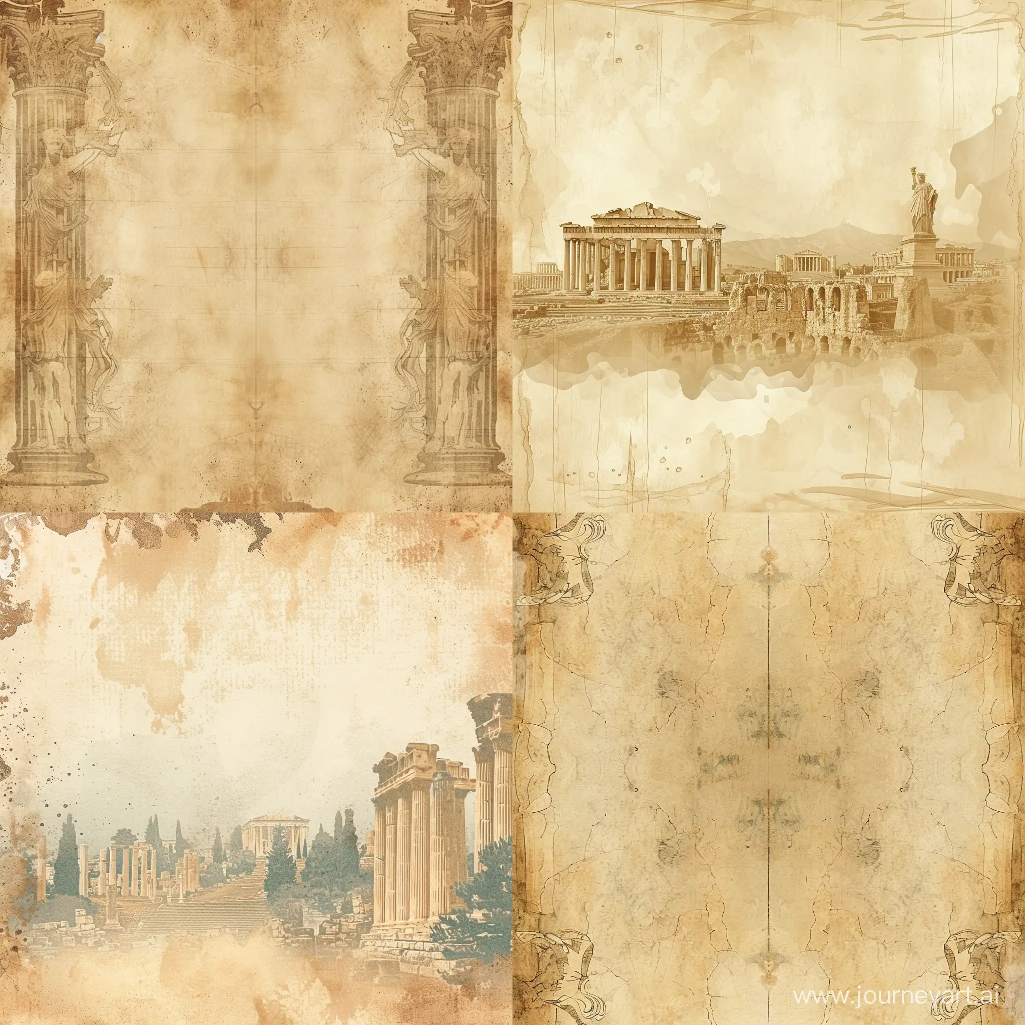 Symmetrical texture of antique paper, barely noticeable elements of ancient, Roman, Greek, ancient cities, Athens, Rome, Olympos, stylized caricature, watercolor, decorative, flat drawing