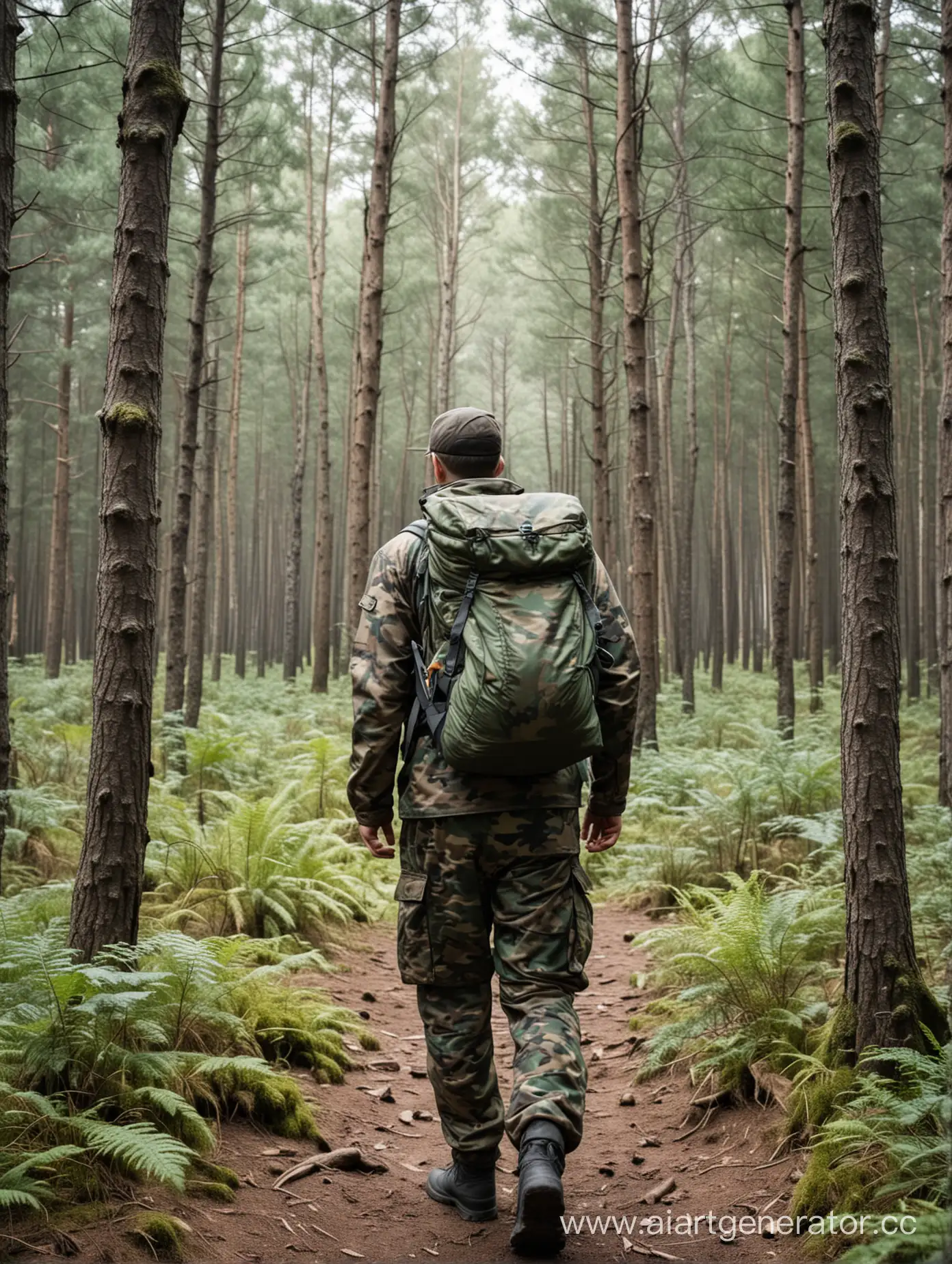 Man-in-Camouflage-Uniform-Hiking-with-Backpack-and-Sleeping-Bag-in-a-Lush-Forest