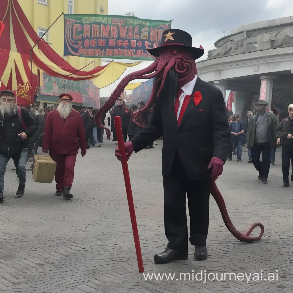 Whimsical Gathering of Communist Cthulhu Celebrating in a Carnivalesque Atmosphere