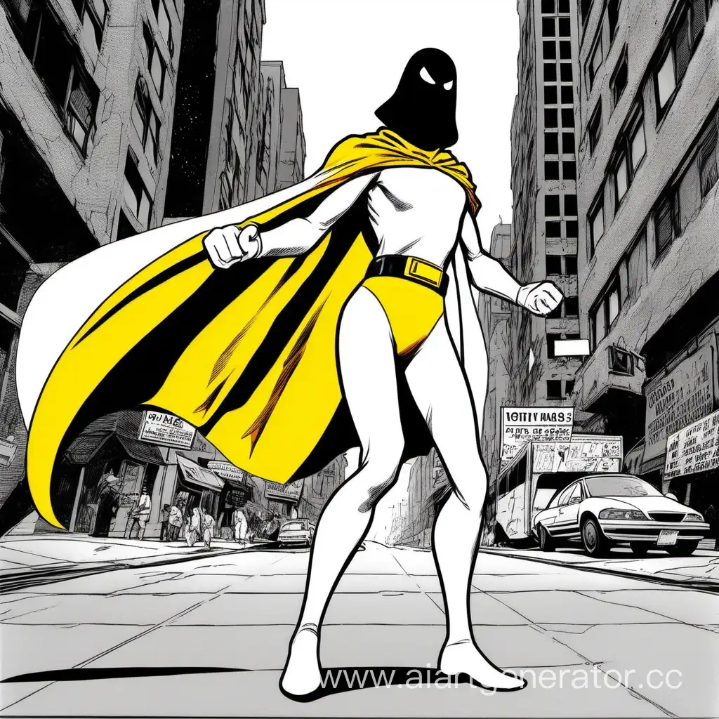 space ghost, actress, white tights, white spandex, white gloves, black mask, yellow cape, black belt, street