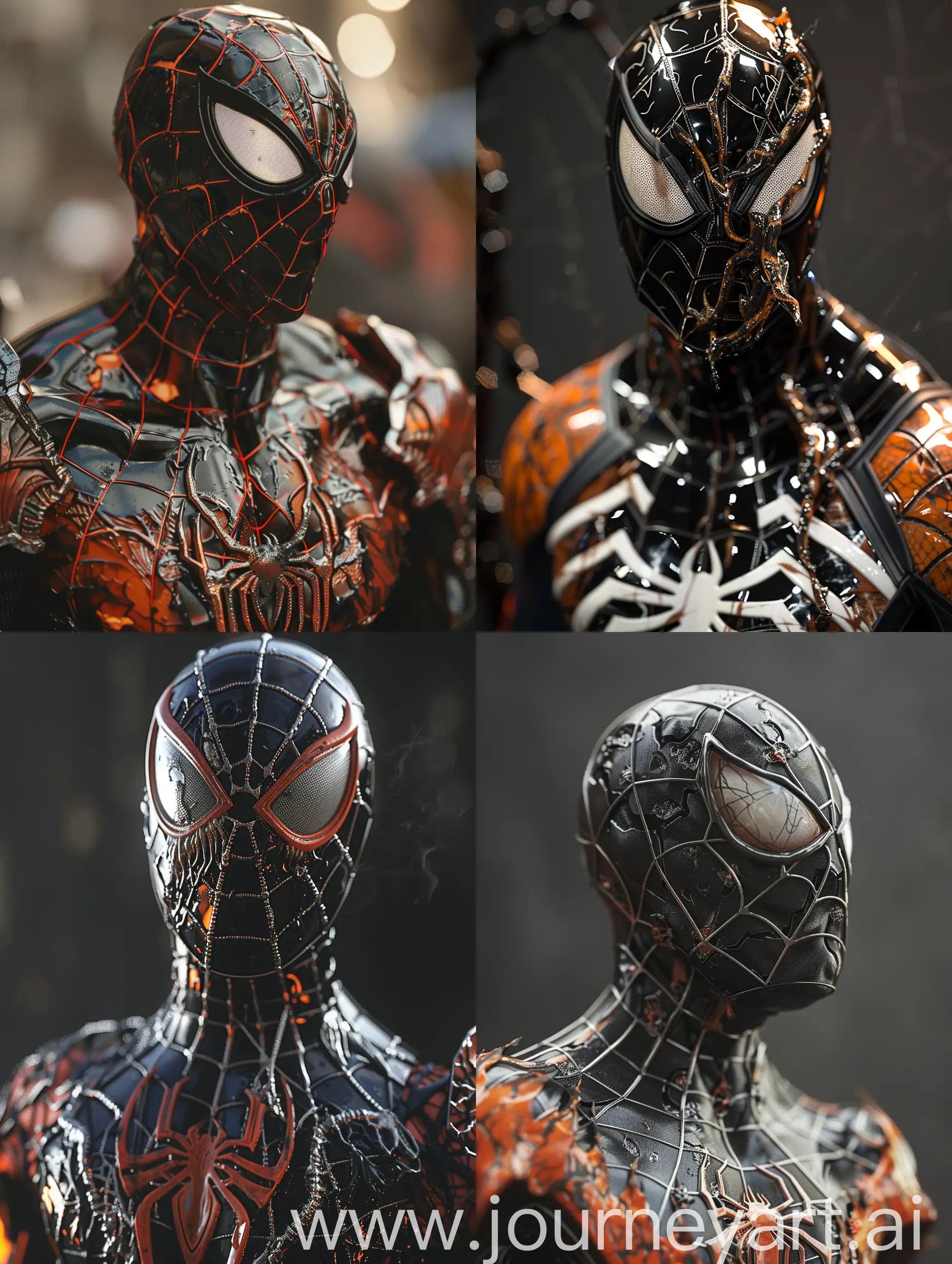 a close up of a person wearing a spider - man costume, venom costume, symbiote, venom symbiote, high quality suit, cyberpunk flame suit, spiderman as terminator, dark suit, highly detailed spider - man, ps5 render quality, wearing a black noble suit, epic ninja suit, black leather costume, burnt armor, spider webbed body