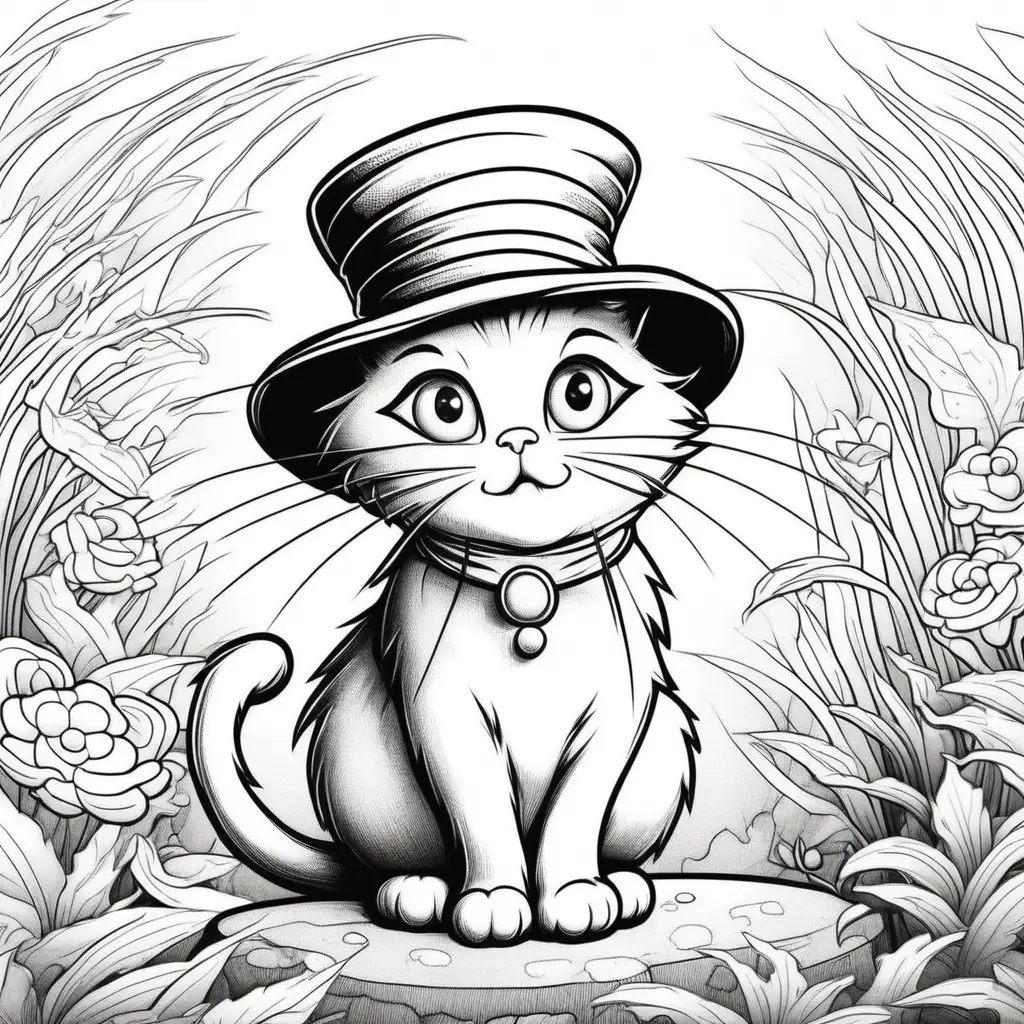 cartoon cat in hat colouring page 