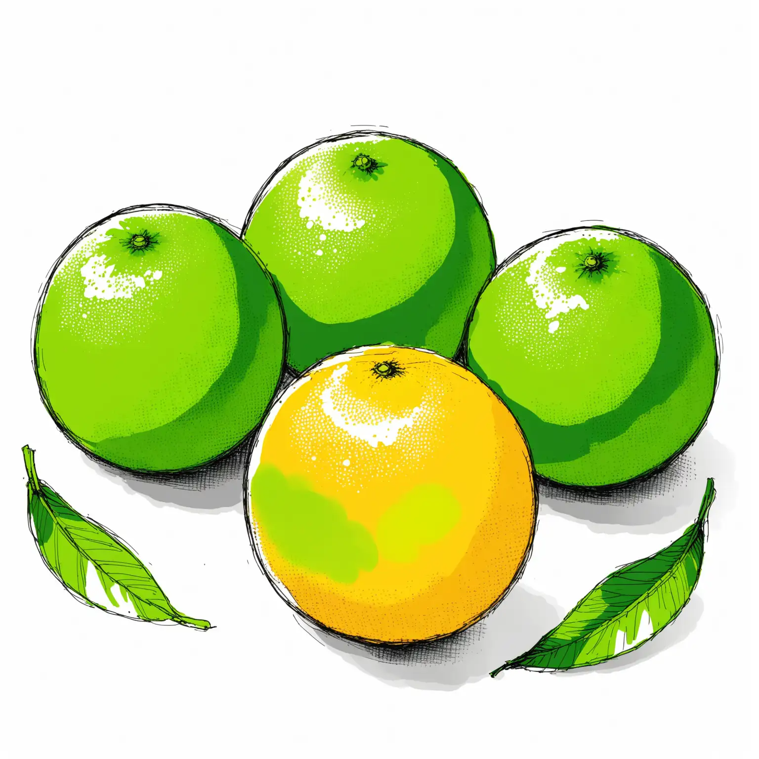 3 green oranges, sketch, white background
