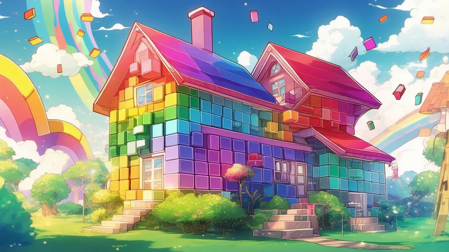 In cartoon anime style, a house that loves to dance and play music,  an image of a house that is built out of sturdy, rainbow-colored blocks and makes beautiful sounds when tapped. the house is a magical melody that echos through the air, similar to the electronic version of Simon Says