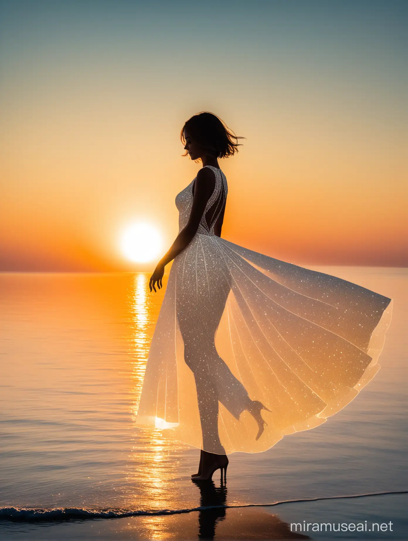 Elegant Woman in Glittering Wedding Dress Against Sunrise at Sea
