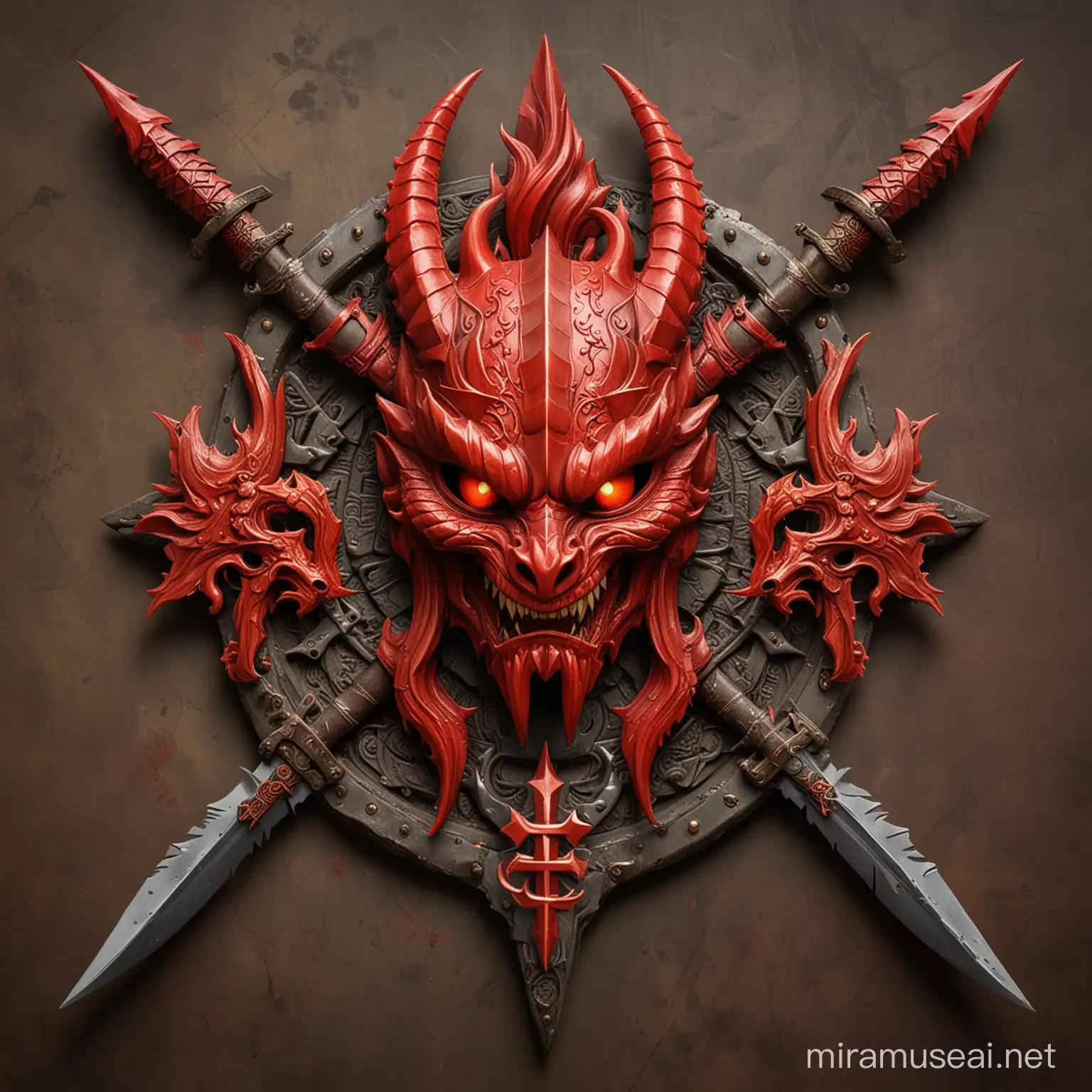 A special forces insignia that you wear on the uniform. A stylish red dragon head in an antique Asian red armour. Two crosses blades in the background. He is surrounded by simplified flames. Red and dark colours. All is simplified, to look like a symbol of special forces in the army.