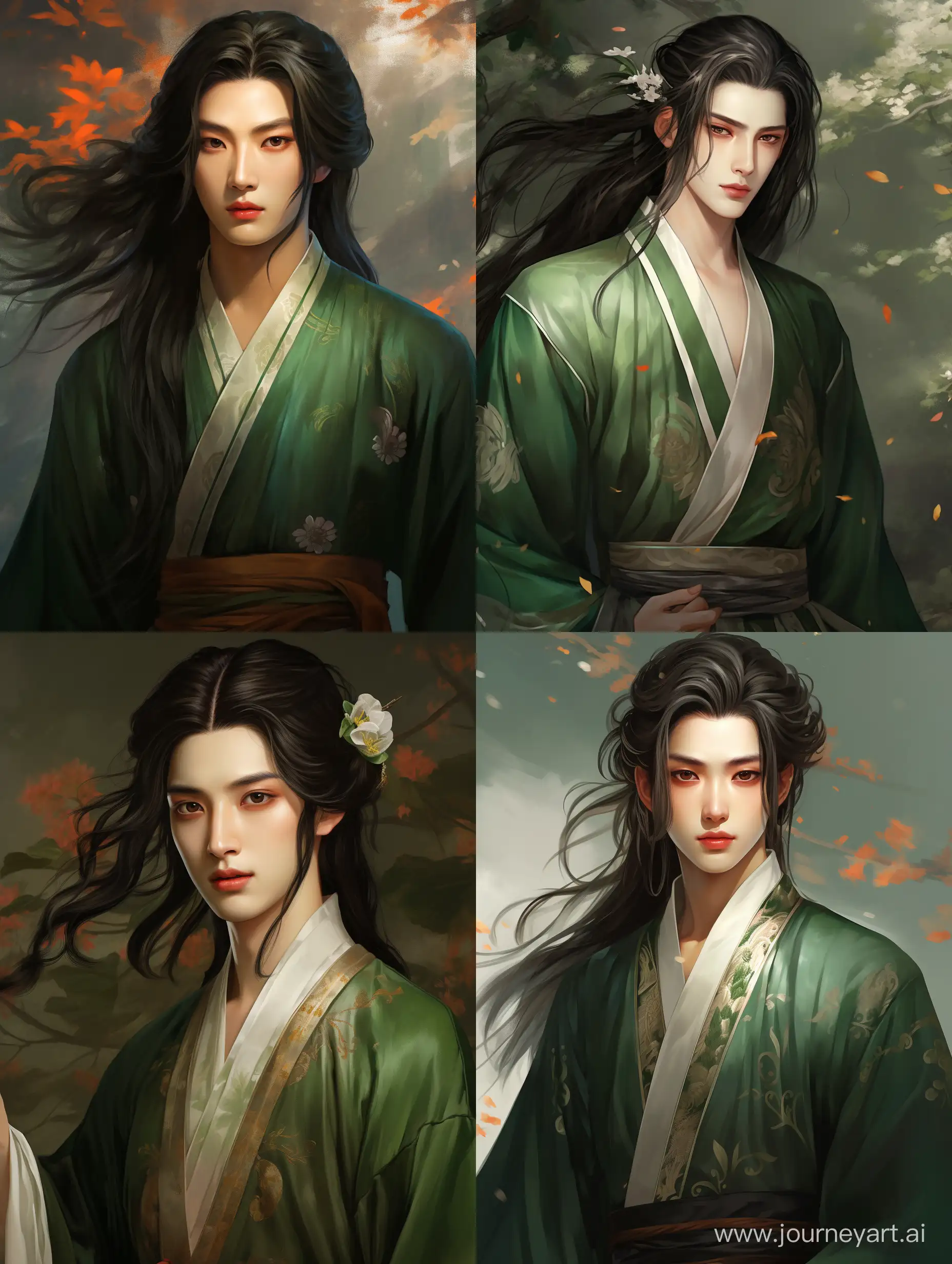 Мужчина 20 лет, с длинными, черными волосами и каре-ерасными глазами. Одетый в зеленые, праздничные одежды в древне-китайском стиле. Высокого роста с хорошим телосложением. 