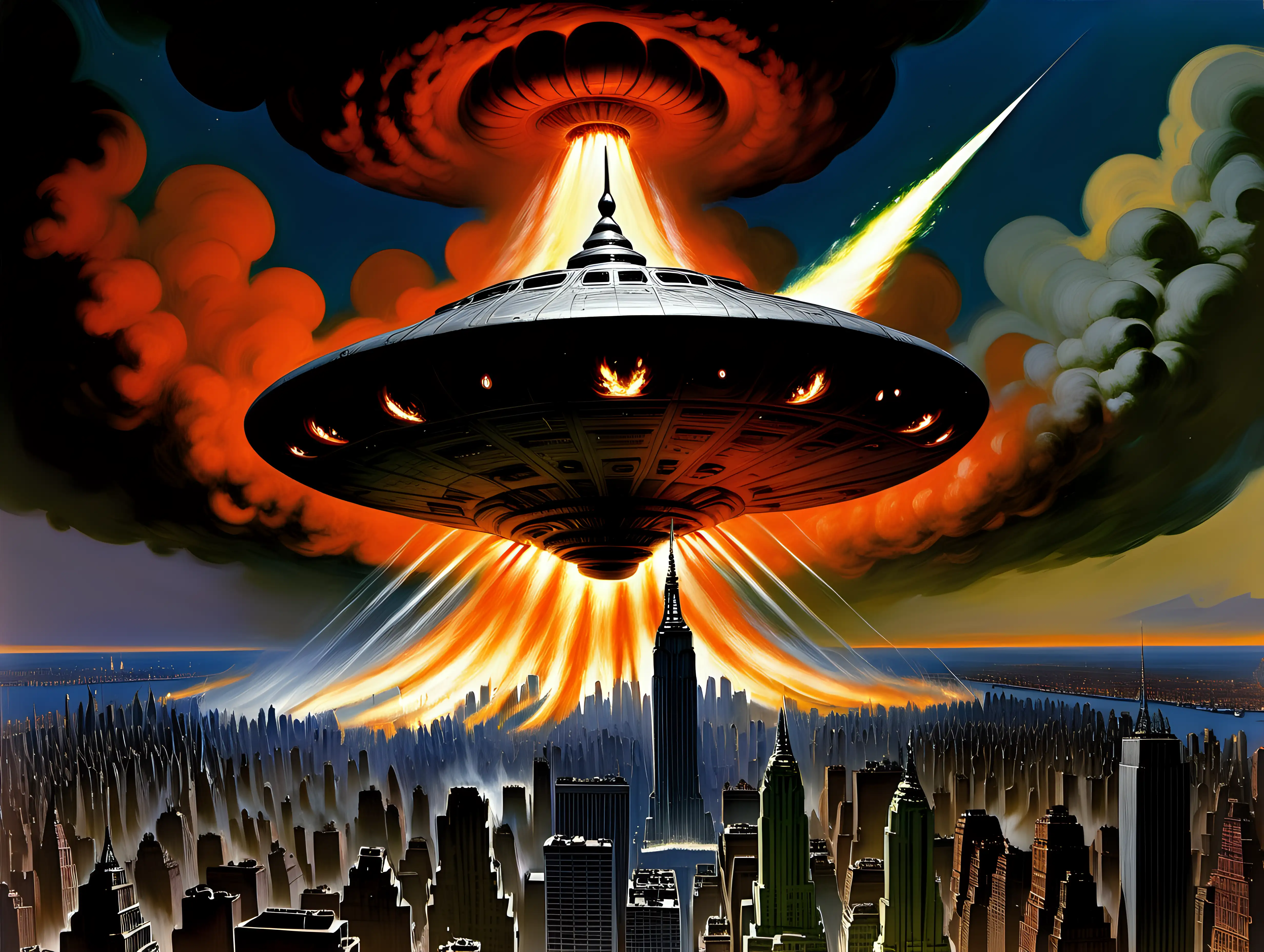 Fiery Alien Spaceship Assault on 1940s New York City Frank Frazetta Style