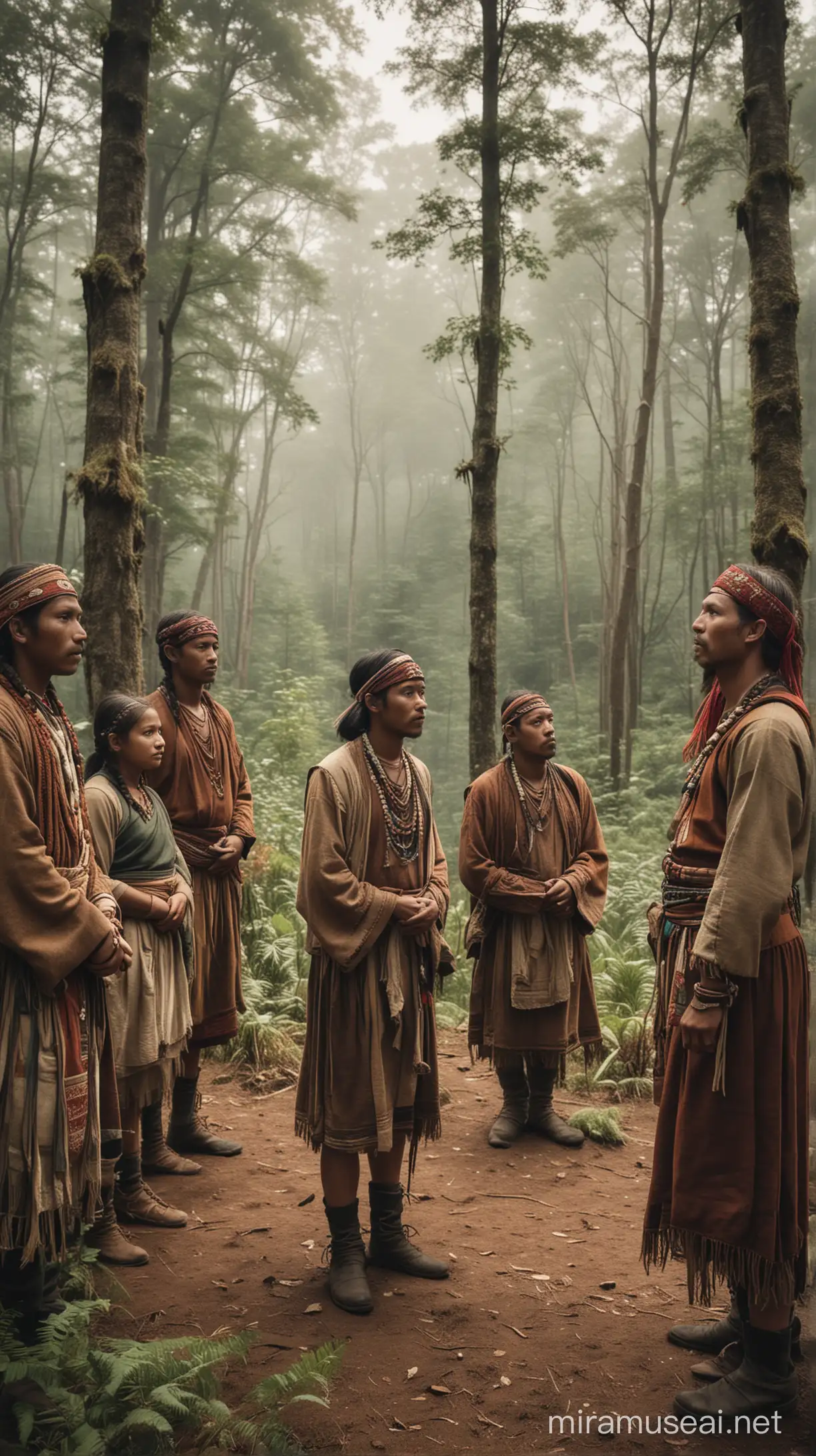 Fore Tribe Members in Traditional Attire Gather Amidst Mysterious Forest
