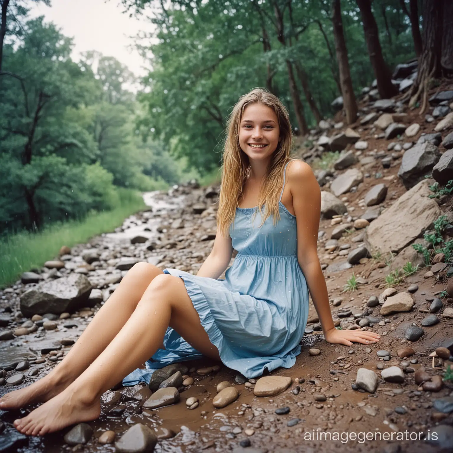 analog nsfw film photo of a wet teenager-girl in strong Rain and storm, big smile, long dark blonde hair, light-blue eyes, full body, wearing a low cut spaghetti strap ultra short summer dress, transparent bcos of rain dress, barefoot, sitting on a rocky hillside in the shade of trees on a bright sunny day . faded film, desaturated, 35mm photo, grainy, vignette, vintage, Kodachrome, Lomography, stained, highly detailed, found footage