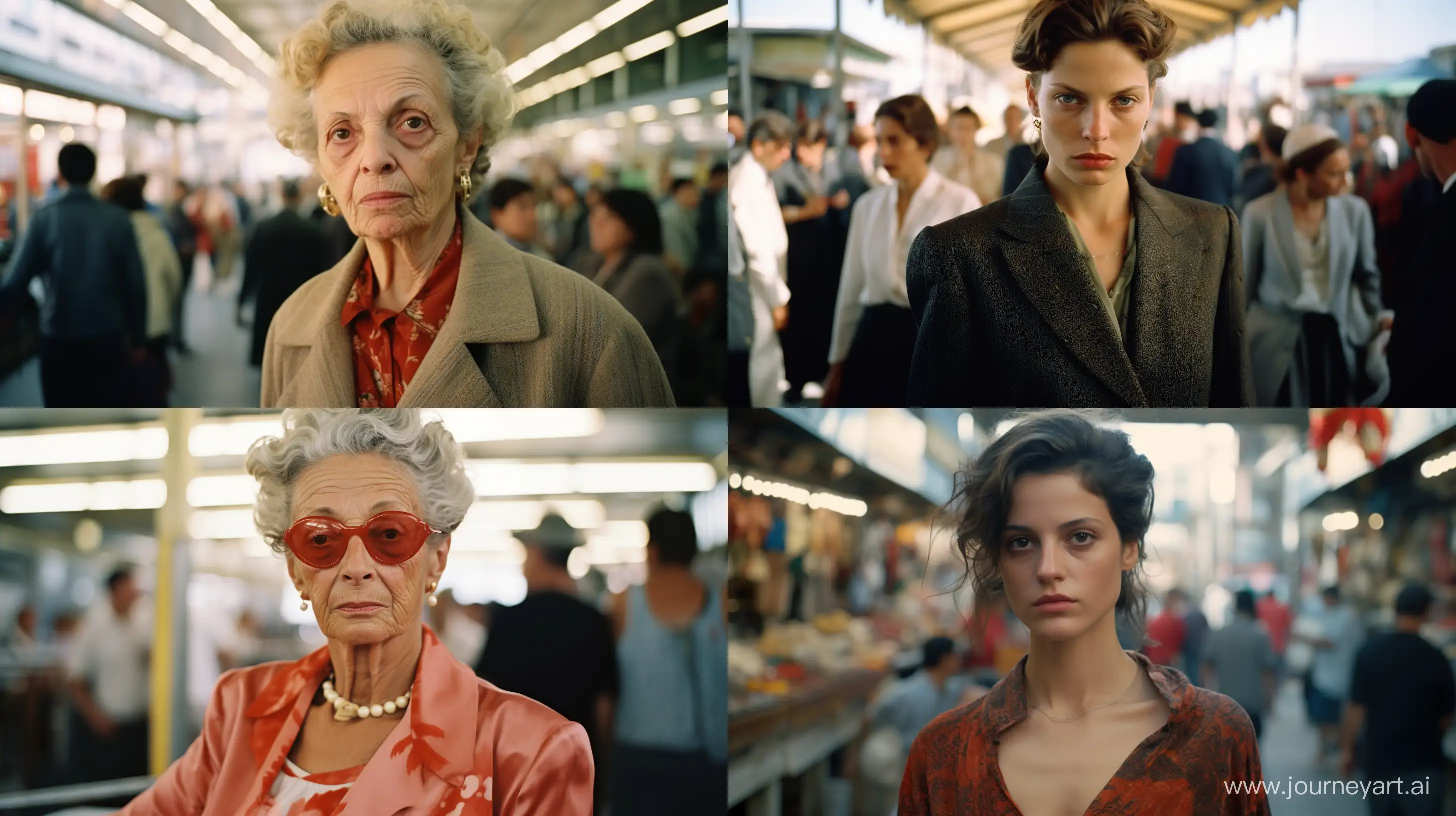 Cinematic, Analog Photo, documentary photo, editorial, italian woman in a market, detailed face, William Eggleston style, Hasselblad X1D --ar 16:9 --style raw