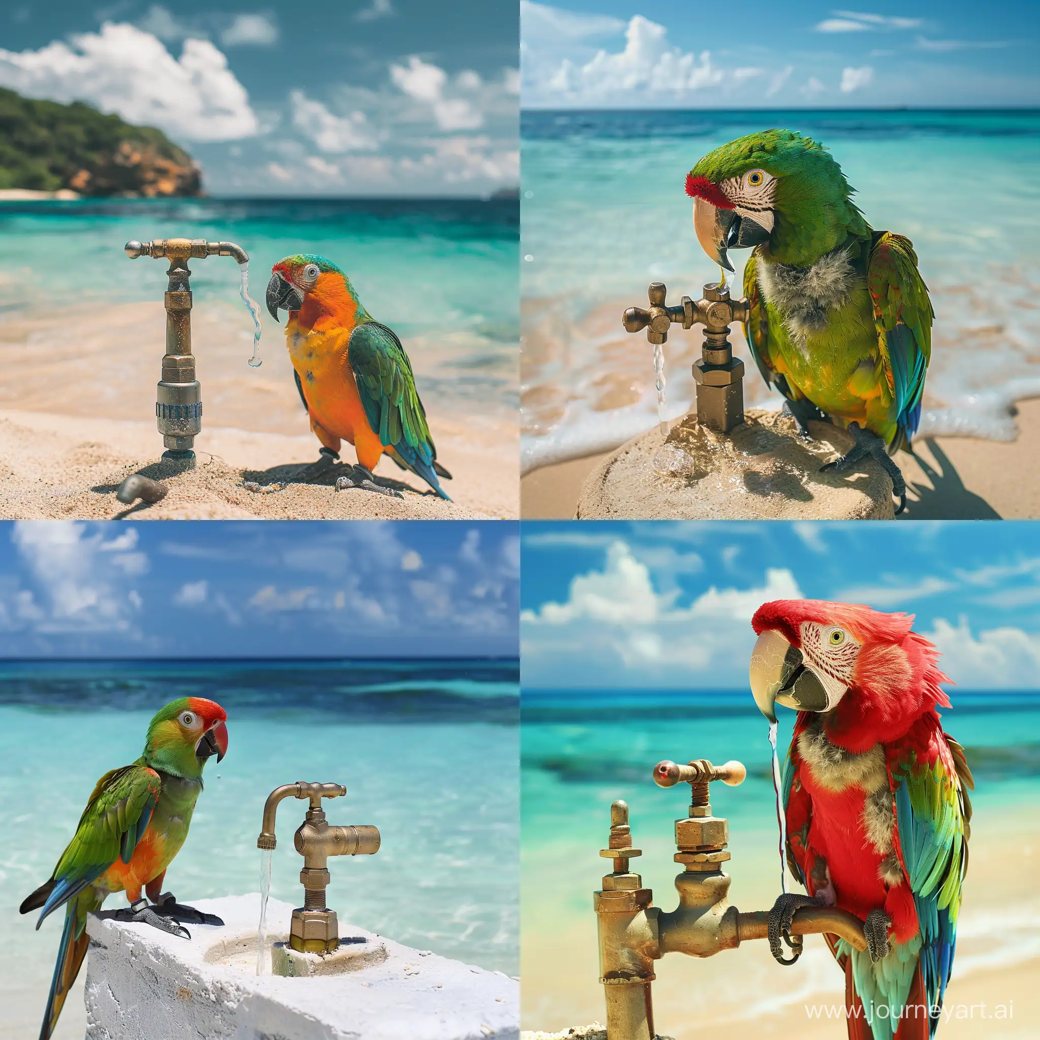 Parrot with a water faucet on the beach
