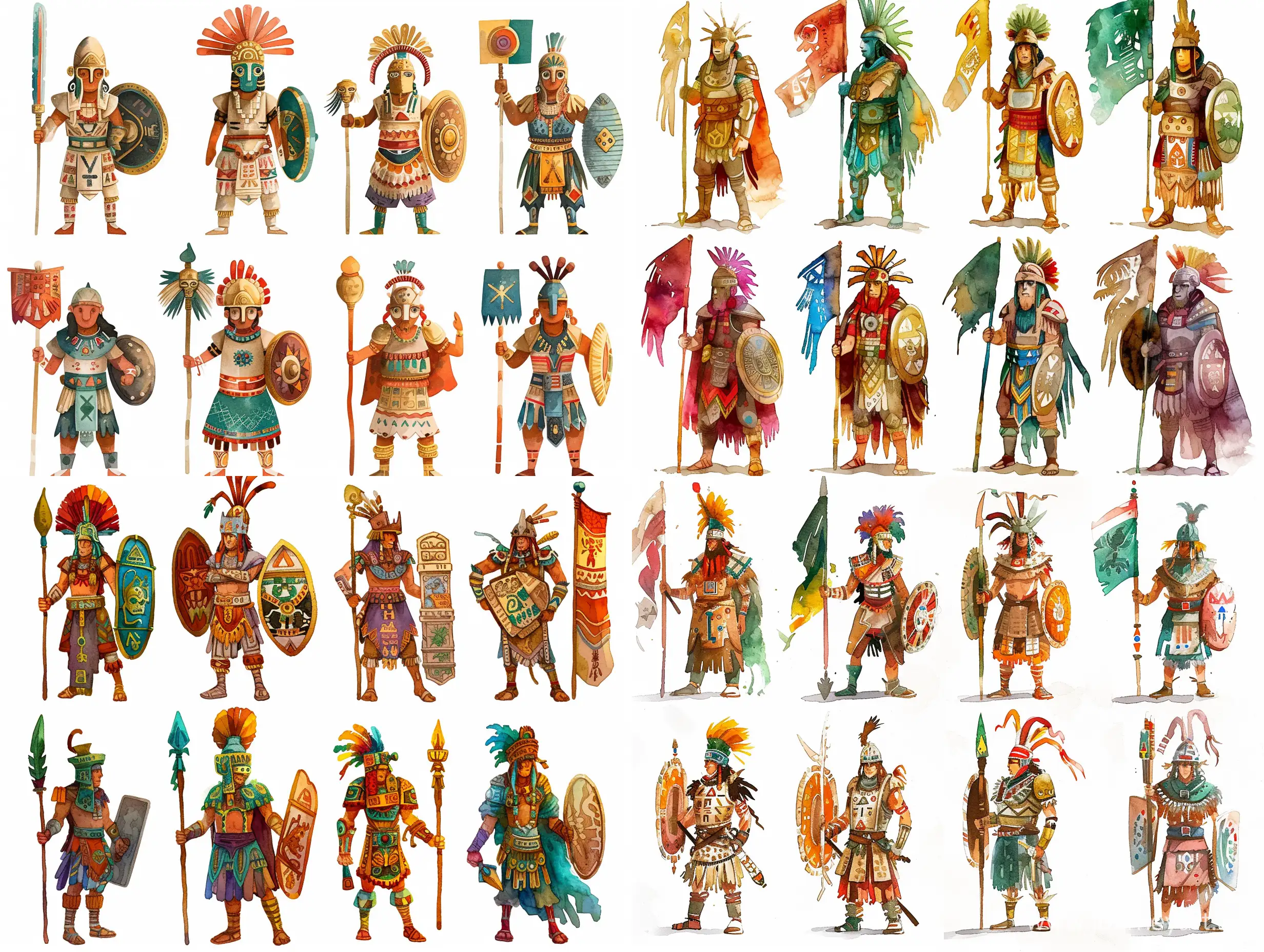 Eight variants of the ancient Aztec warrior, with the Aztec flag, stylized caricature, Victor Ngai, watercolor, ink, decorative, flat drawing