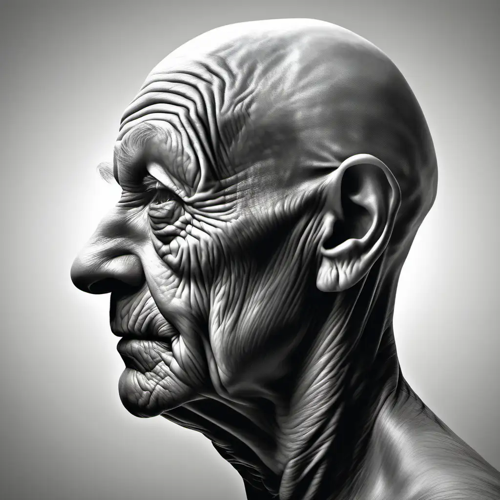 wrinkly human face, black and white, no shadows, no hair, side view, high detail, realistic