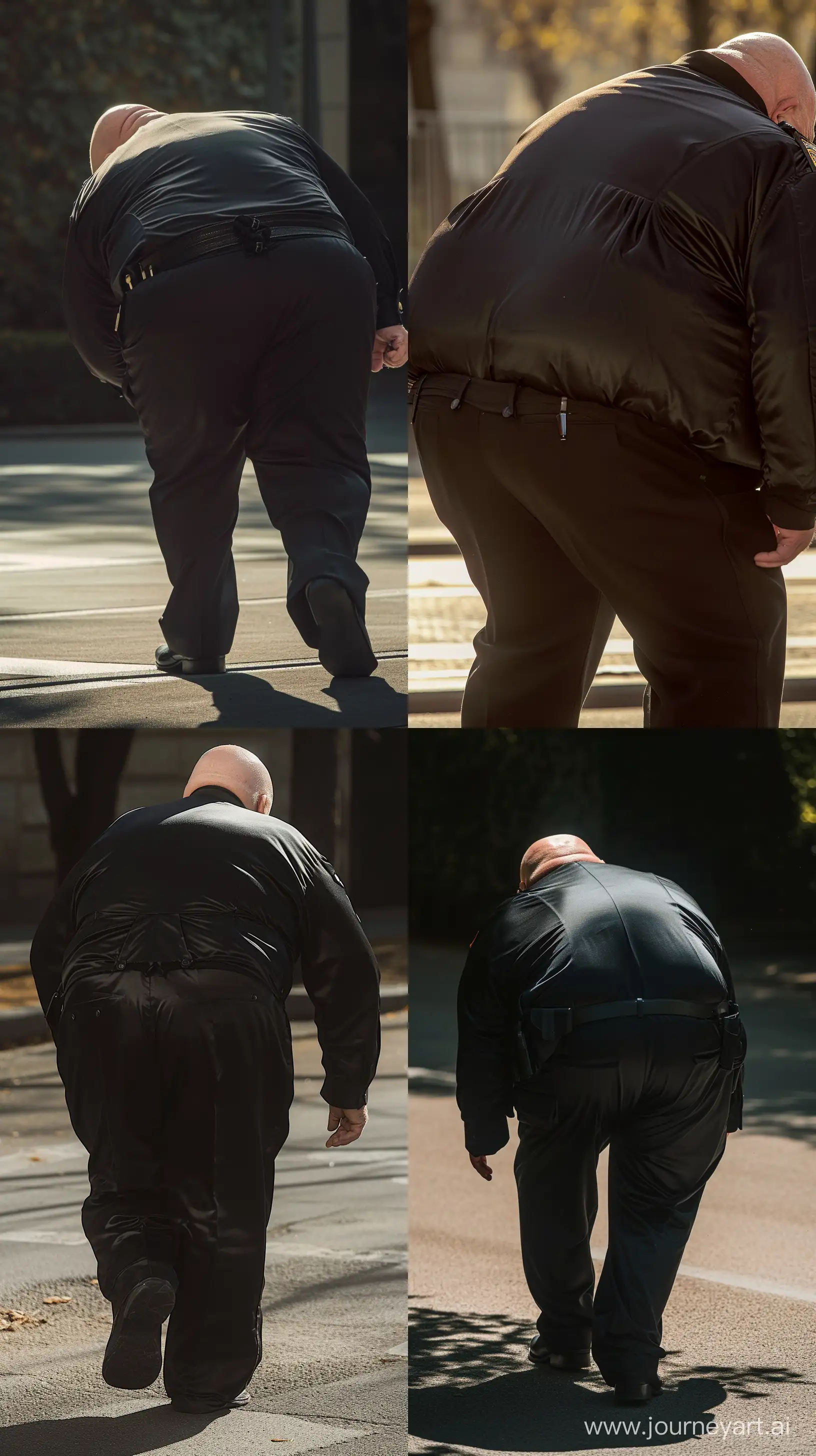 Back view fashion photo of a chubby man aged 70 wearing a silky black french police uniform. He is bending over. Direct Sunlight on his behind. Bald. Clean Shaven. Outside. --style raw --ar 9:16 --v 6