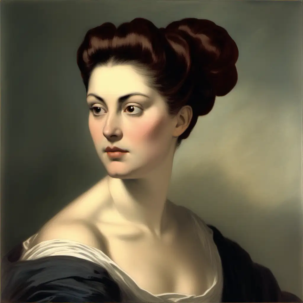 A COLOR PORTRAIT OF A BEAUTIFUL DARK AUBURN HAIRED WOMAN, SEATED, TOWARD THE LEFT, WITH HER HAIR PULLED BACK IN A LARGE BUN, AT THE BOTTON OF HER NECK, A 3/4 VIEW,  A BEAUTIFUL WONAN,