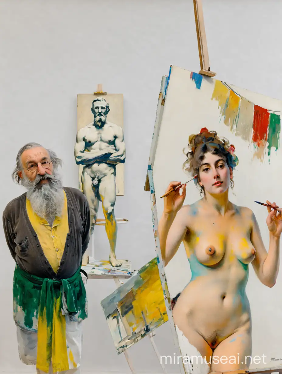 Old Artist Mentoring Young Nude Model in Art Studio