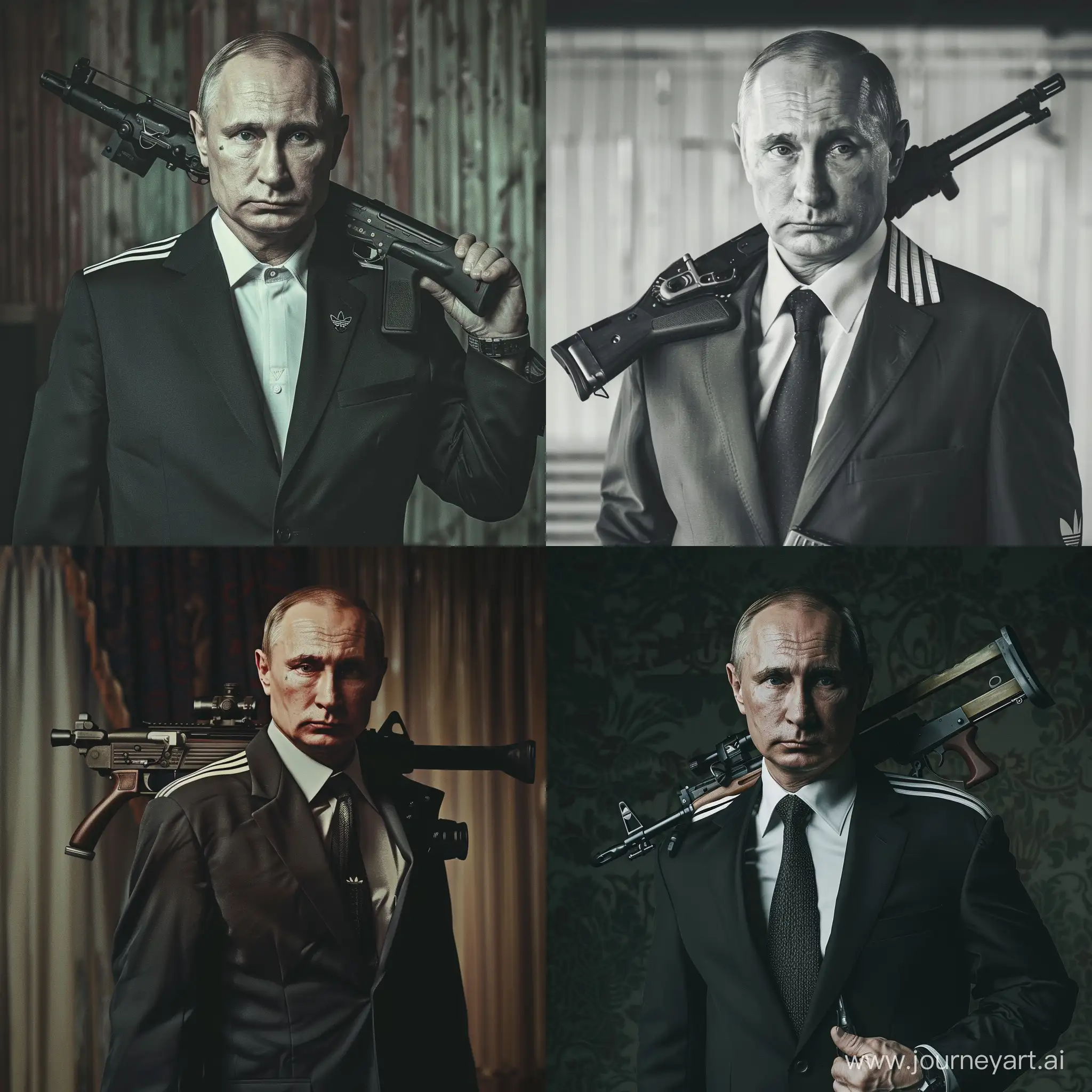 Vladimir Putin, in an adidas suit, with a machine gun on his shoulder