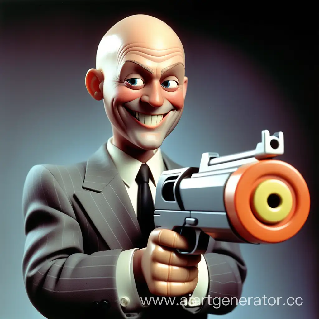 1986. Лысый мужчина в дорогом костюме смотрит в дуло игрушечного пистолета глупо улыбаясь.