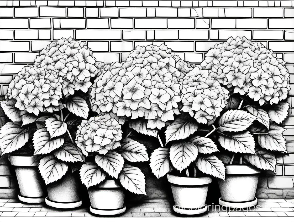 Create a picture for adult colouring in black and white only.  The theme of the picture: British garden. gardening. Style: sketching, ink, line drawings. the picture shows a hydrangea blooming against a brick wall.  Ratio 11:8.5 
, Coloring Page, black and white, line art, white background, Simplicity, Ample White Space. The background of the coloring page is plain white to make it easy for young children to color within the lines. The outlines of all the subjects are easy to distinguish, making it simple for kids to color without too much difficulty