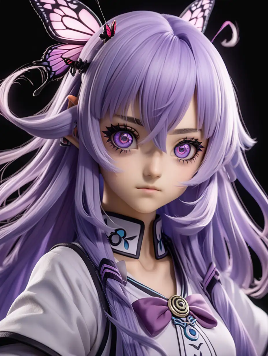 (cinematic lighting), Shinobu Kocho is a Demon Slayer Corps Hashira, specifically holding the position of the Insect Hashira, She is recognized for her graceful and elegant appearance, with striking purple eyes and long, lavender hair, Shinobu often wears the traditional Demon Slayer uniform adorned with the butterfly insignia, signifying her role as the Insect Hashira, intricate details, detailed face, detailed eyes, hyper realistic photography, --v 5 