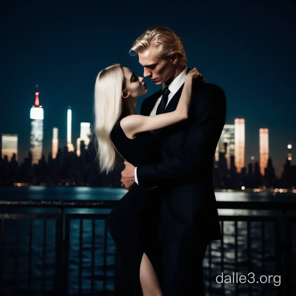 На фоне ночного Нью-Йорка мужчина высокий блондин в черном костюме обнимает худенькую девушку длинные черные волосы в черном платье