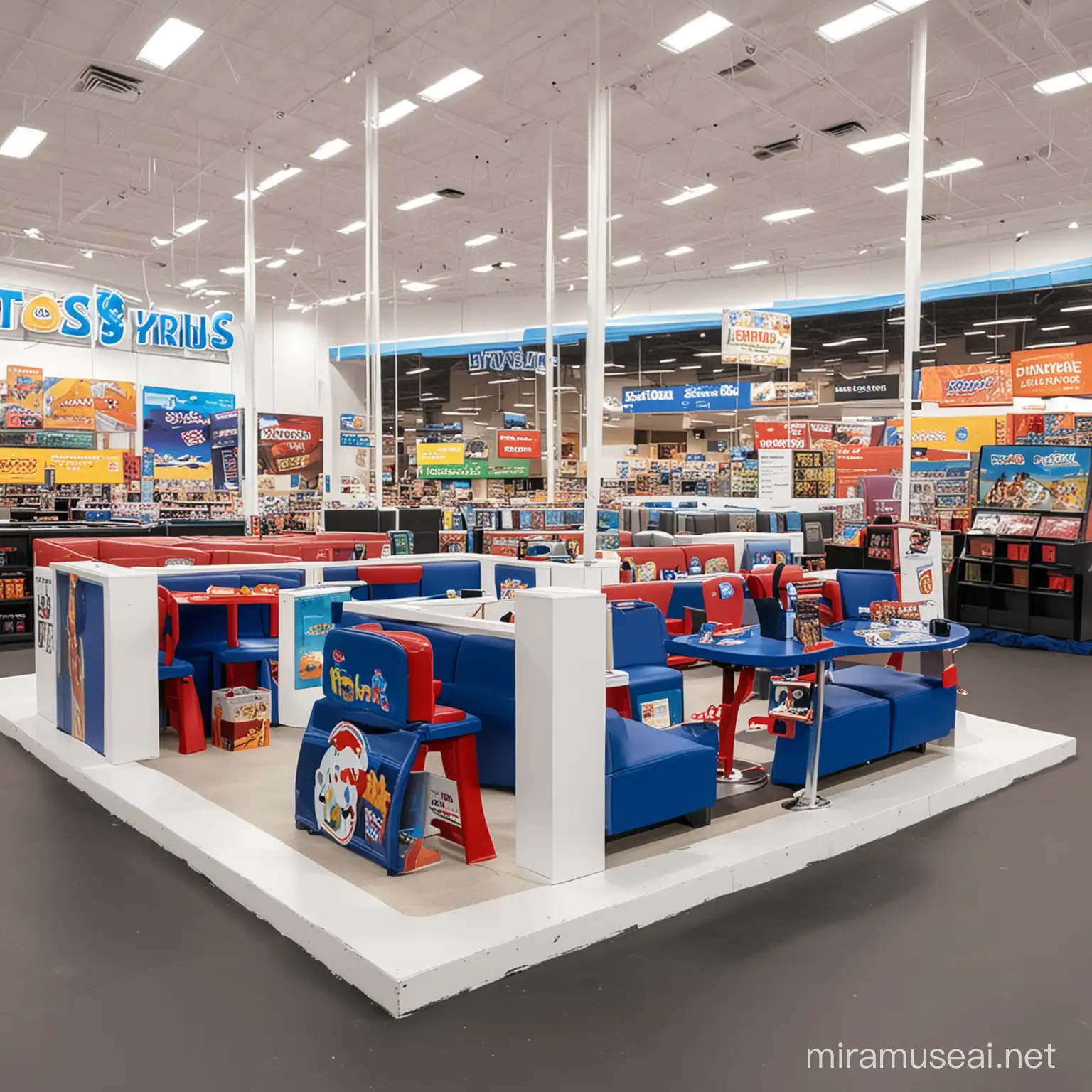 toysrus toy store with booth seatings for 5 to 6 people with a screen that are meant for people to play video games and board games , modern style , white floor,