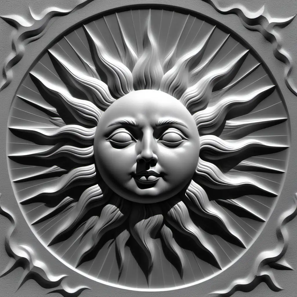 drawing of the sun, bas relief, no shadows, gray scale, depth map, light source from camera angle