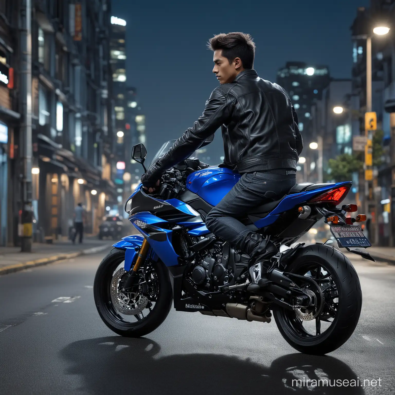create a realistic picture of a young Indonesian man with hair in a bun, sitting posing on a sleek blue Kawasaki Ninja 1000RR sports motorbike at night. The individual wore a black leather jacket, adding an urban and modern aesthetic to the scene. The bright blue color of the motorbike stands out against the dark background. Ambient city lights illuminate the surroundings, creating a contrast of light and shadow, 800mm lens, realistic, hyperrealistic, photography, professional photography, deep photography, ultra HD, very high quality, best quality, medium quality, HDR photo, focus photo, deep focus, very detail, original photo, original photo, ultra sharp, nature photo, masterpiece, award winner, taken with hasselblad x2d