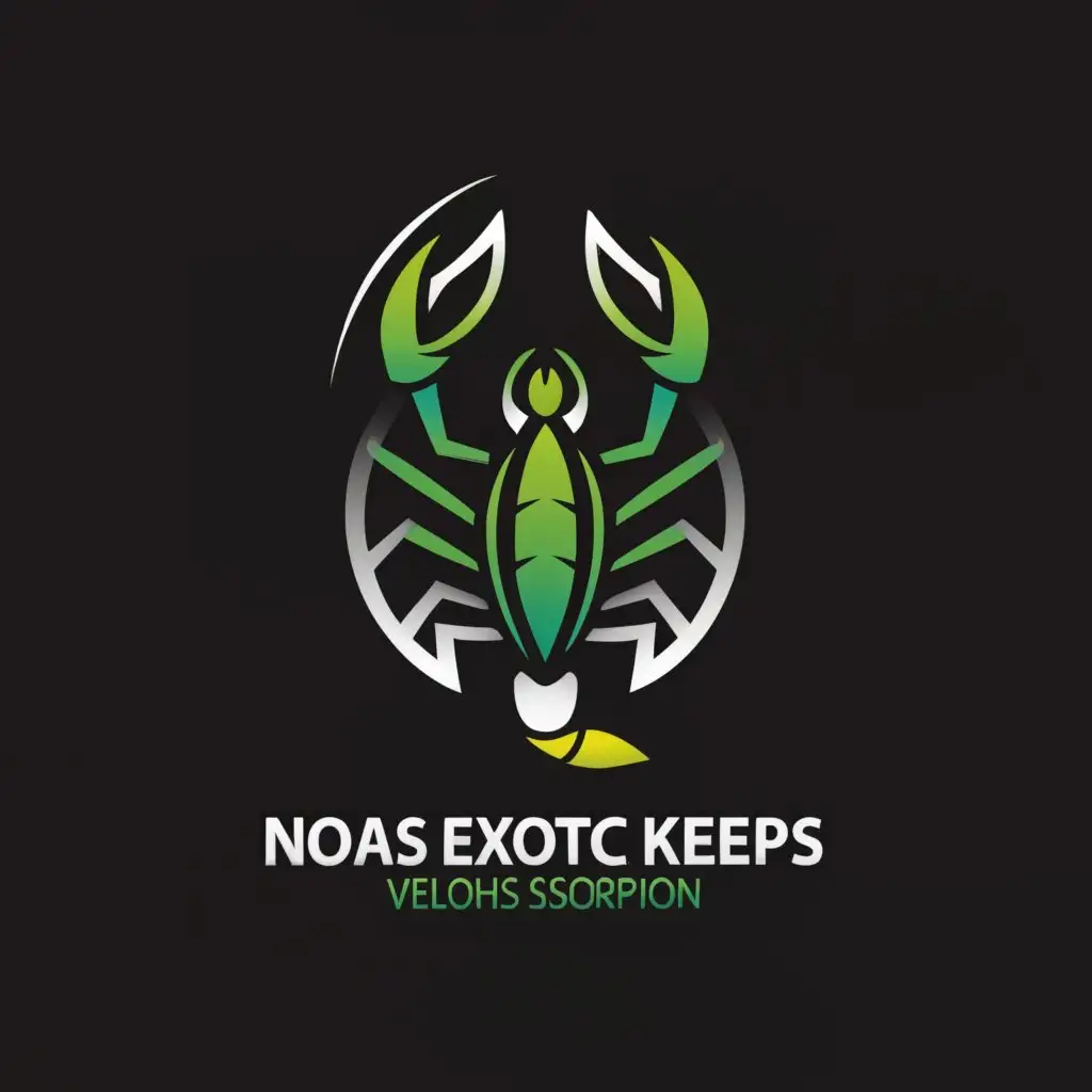 a logo design,with the text "Noah's exotic keeps", main symbol:Scorpion with green venom,Moderate,be used in Animals Pets industry,clear background