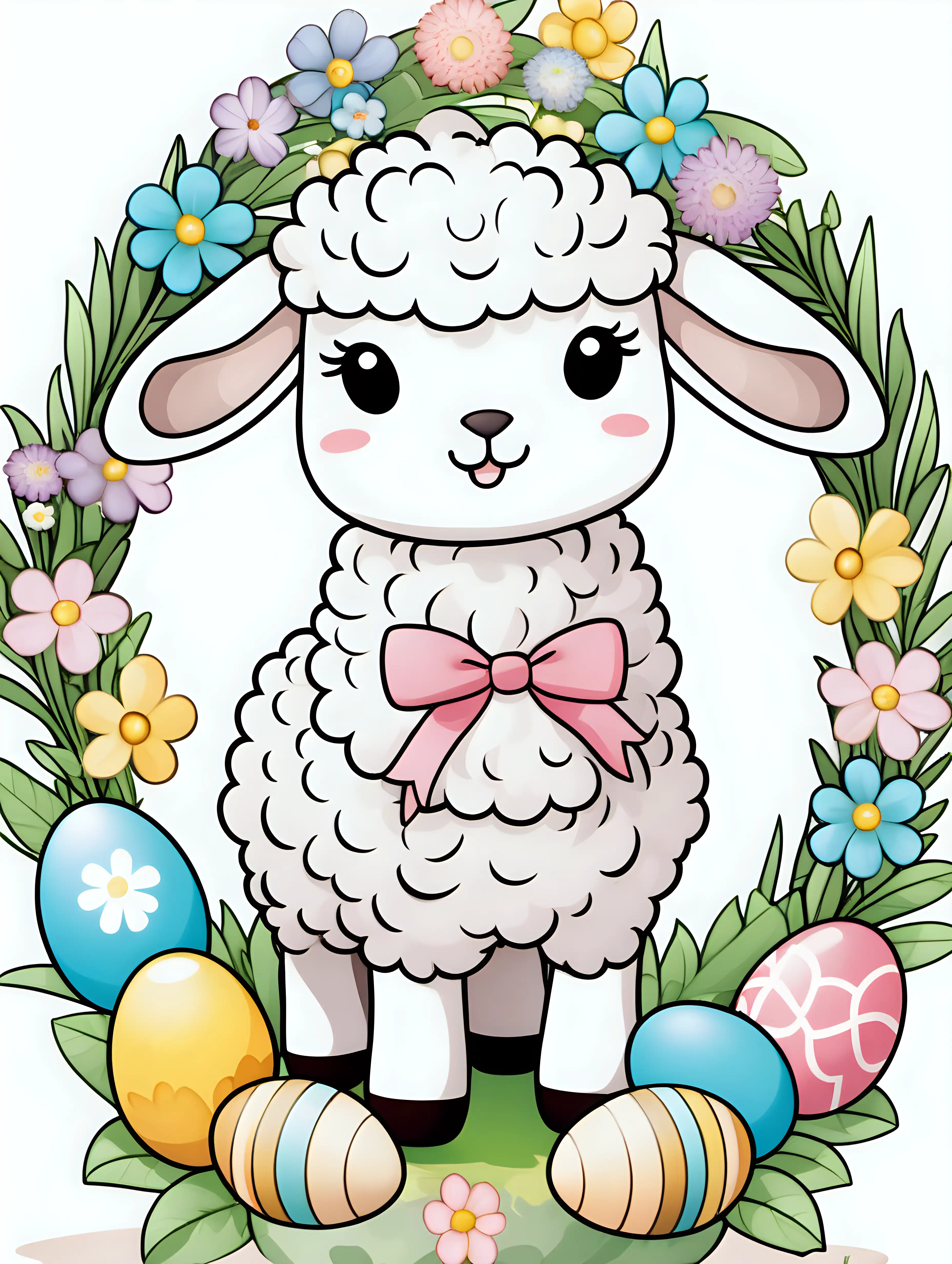 a kawaii lamb with Flower wreath with easter eggs around cartoon 