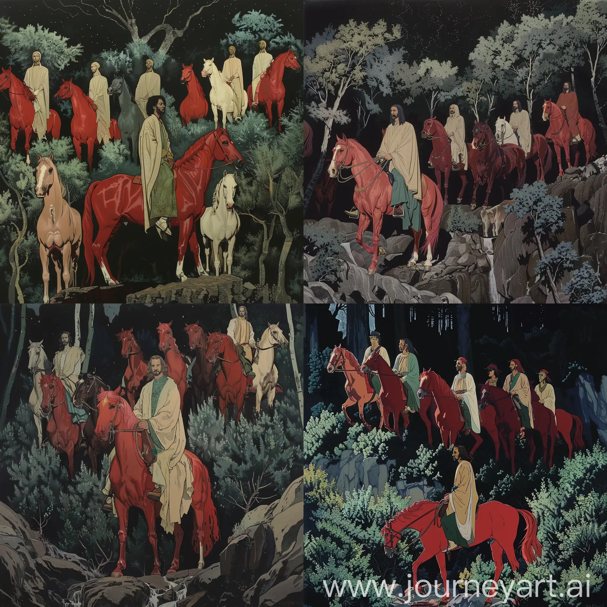 The scene is at night. 
A man is mounted on a red horse. 
He is wearing beige and green robes. 
He is facing the viewer diagonally. 
He is standing among myrtle trees in a ravine.
There are 9 additional mounted horses behind him. There 3 red, 3 sorrel and 3 white horses behind him.
