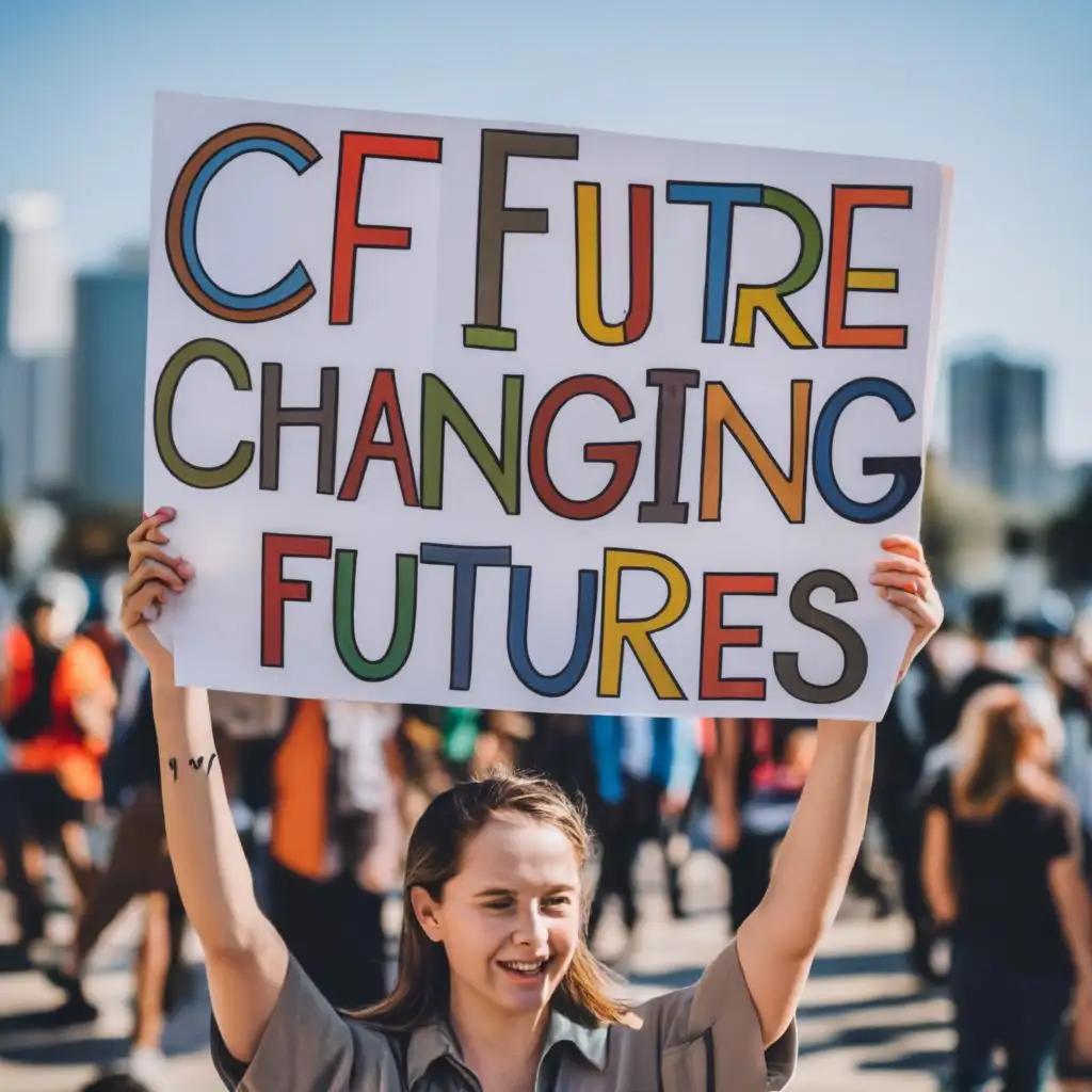 logo, CF, with the text "Changing Futures", typography