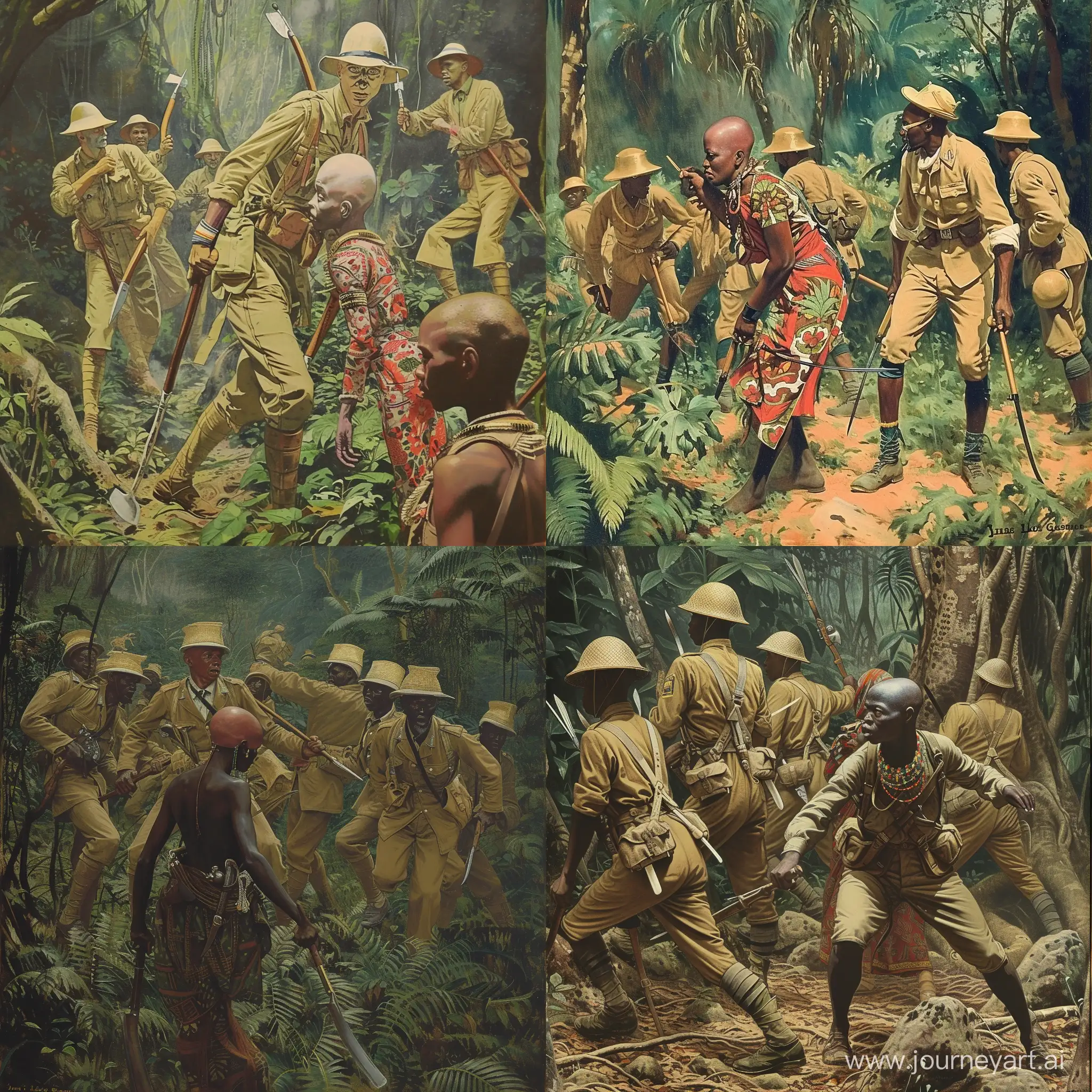 A painting by jean-léon gérôme of a band of adventurers clad in khaki with machetes and wearing pith helmets with a very tall bald african tribal woman trekking through and african jungle. in the 1910s. in color. 