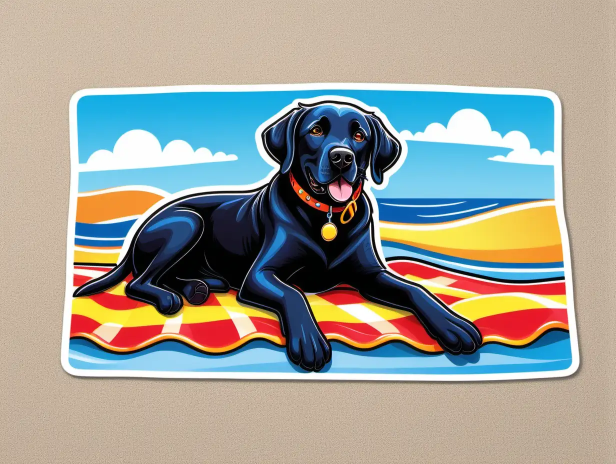 a cartoon character black labrador retriever laying on a beach towel, like a sticker, vibrant color, white background, in the style of peter max