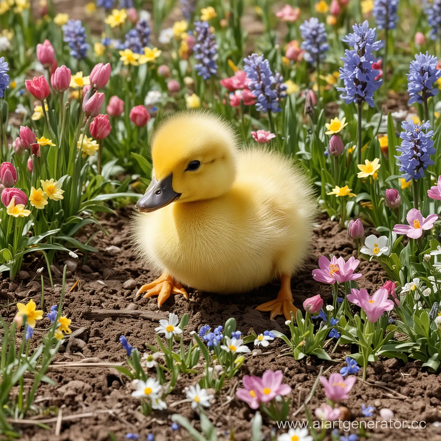 Adorable-Duckling-Frolicking-Among-Vibrant-Spring-Flowers