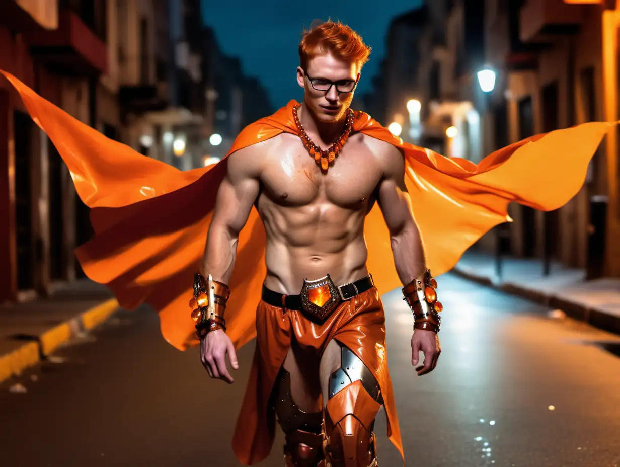 Handsome redhead man stubbles glasses shirtless very sweaty oiled up bracelets leg armor orange cape with amber crystal flying above the streets night