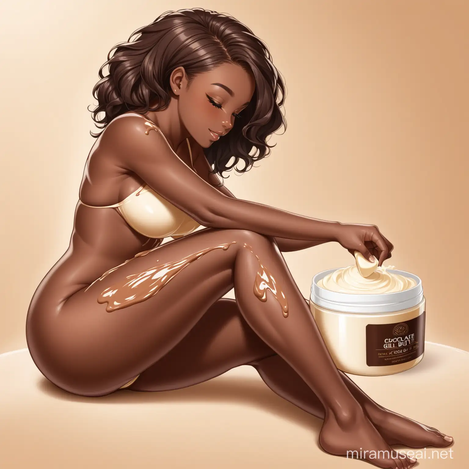 Thick chocolate skin girl applying body butter to her legs