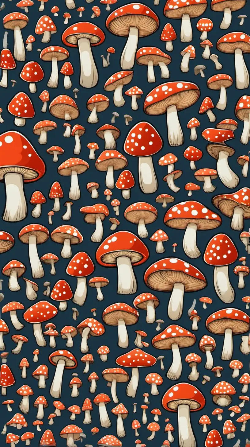 create an ongoing pattern of different types of cartoon mushrooms that are different colours with a dark grey background