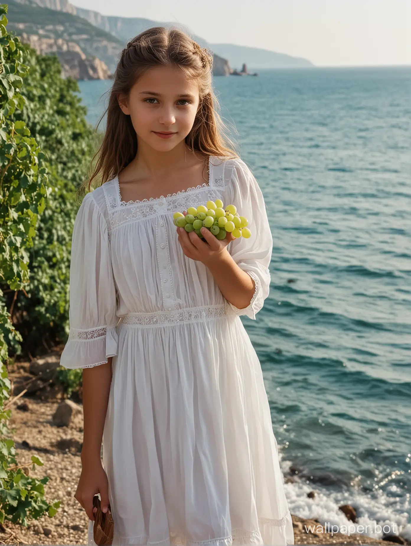 Крым, возле моря, девочка 11 лет в коротком белом платье с гроздью винограда в руках