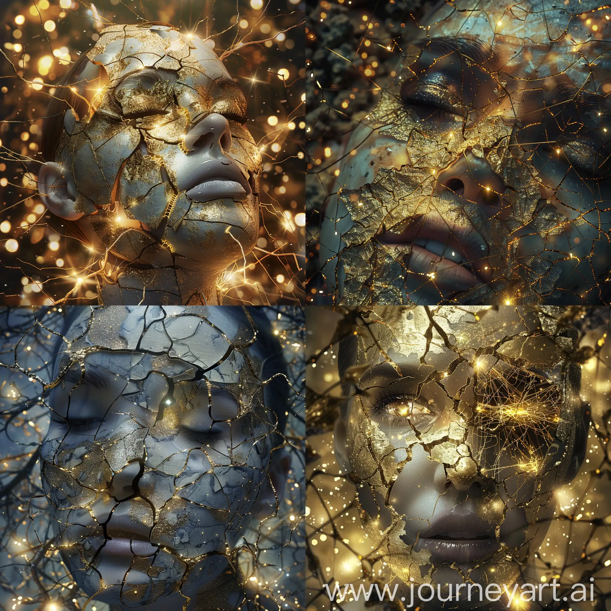 a wonderful breathtaking surreal image of a cracked beautiful female face with golden repairings with shiny golden dendritic glue among the cracks of the face, ultradetailed image, hyperdetailed golden , sparkling illuminated background, depiction of thebritle nature of beeing human, fragile atmosphere